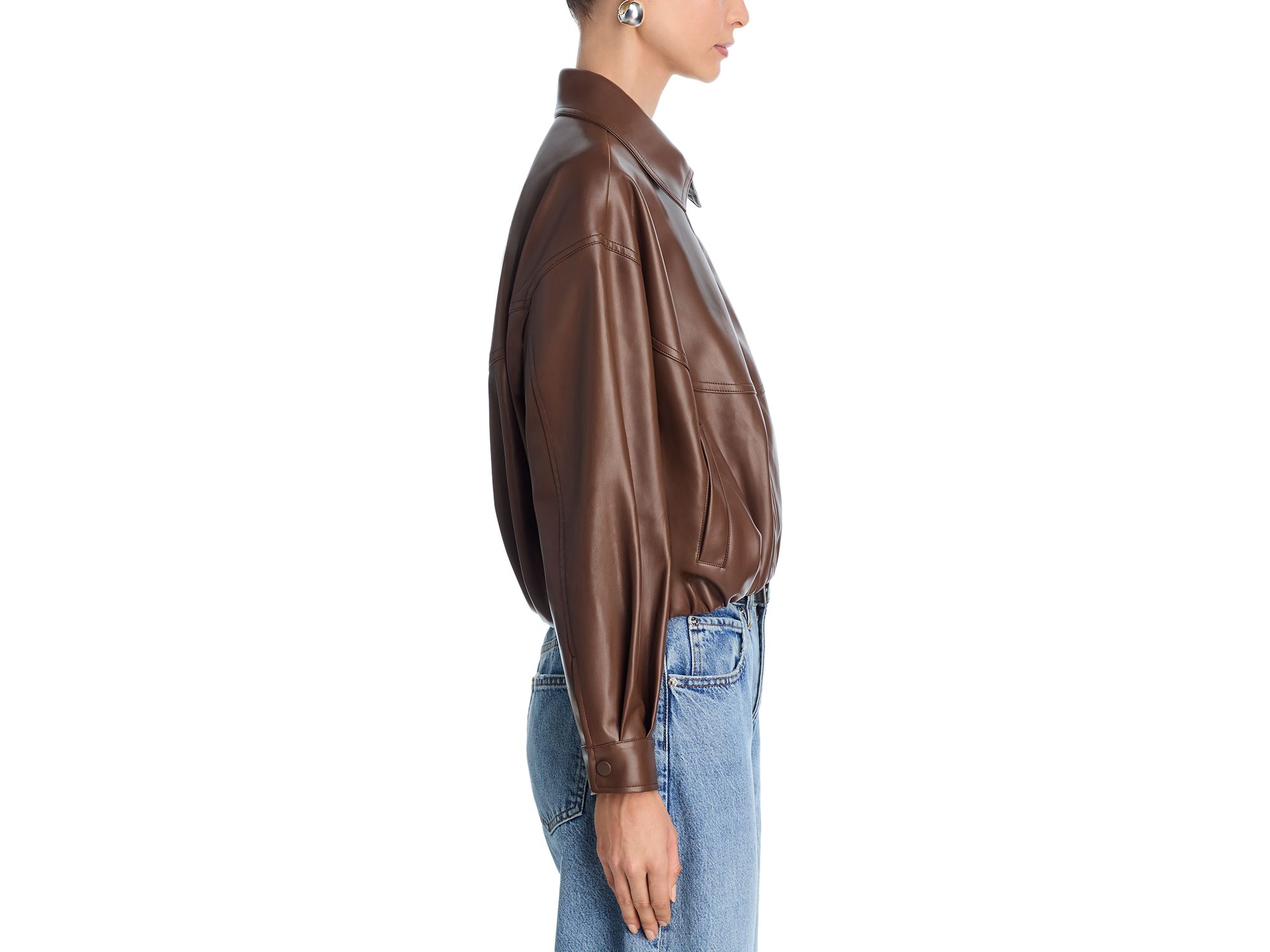 Faux Leather Bubble Hem Bomber Jacket - Exclusive — Image 6