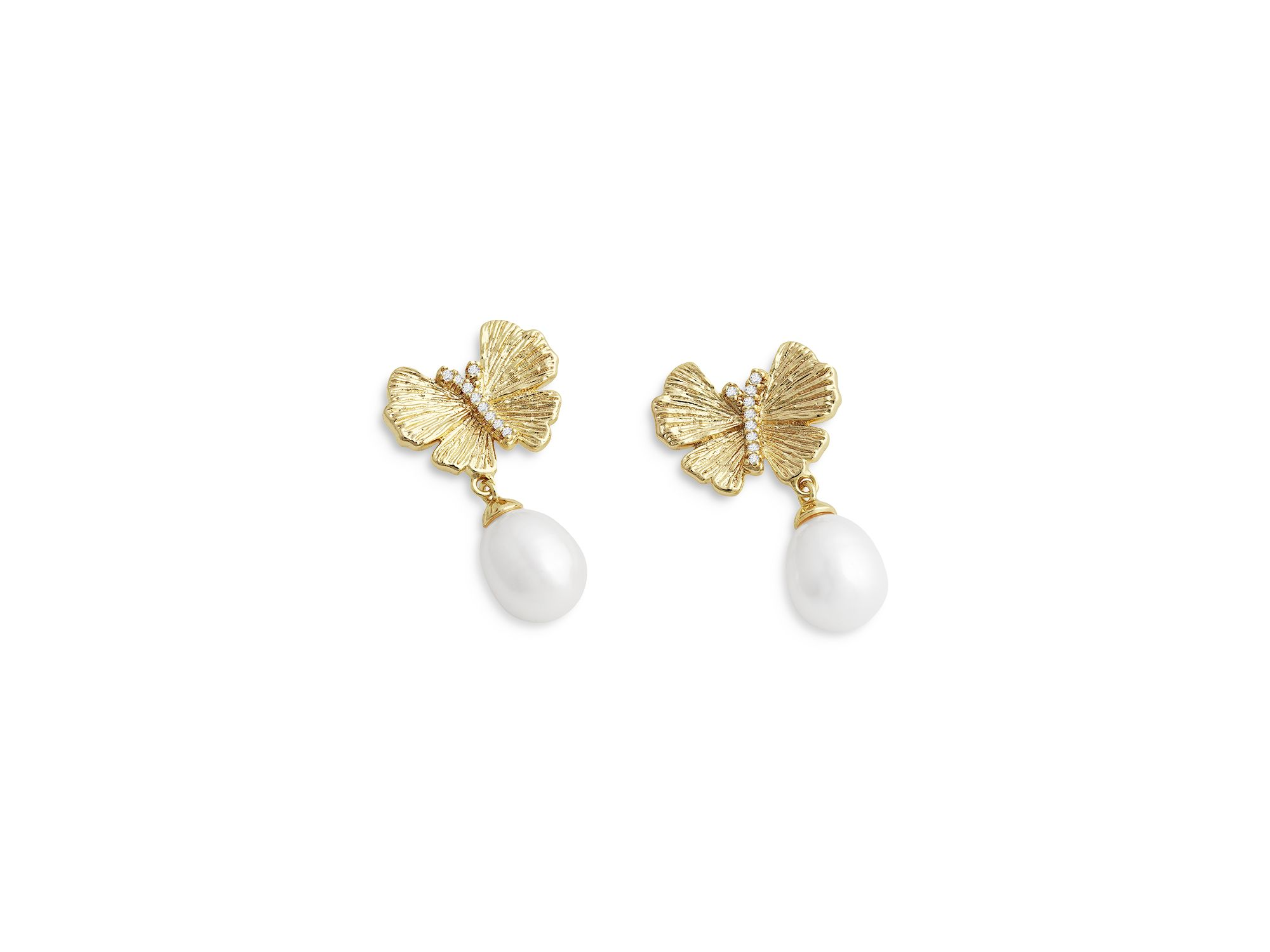 Butterfly Cultured Freshwater Pearl Drop Earrings in 18K Gold Plated — Image 4