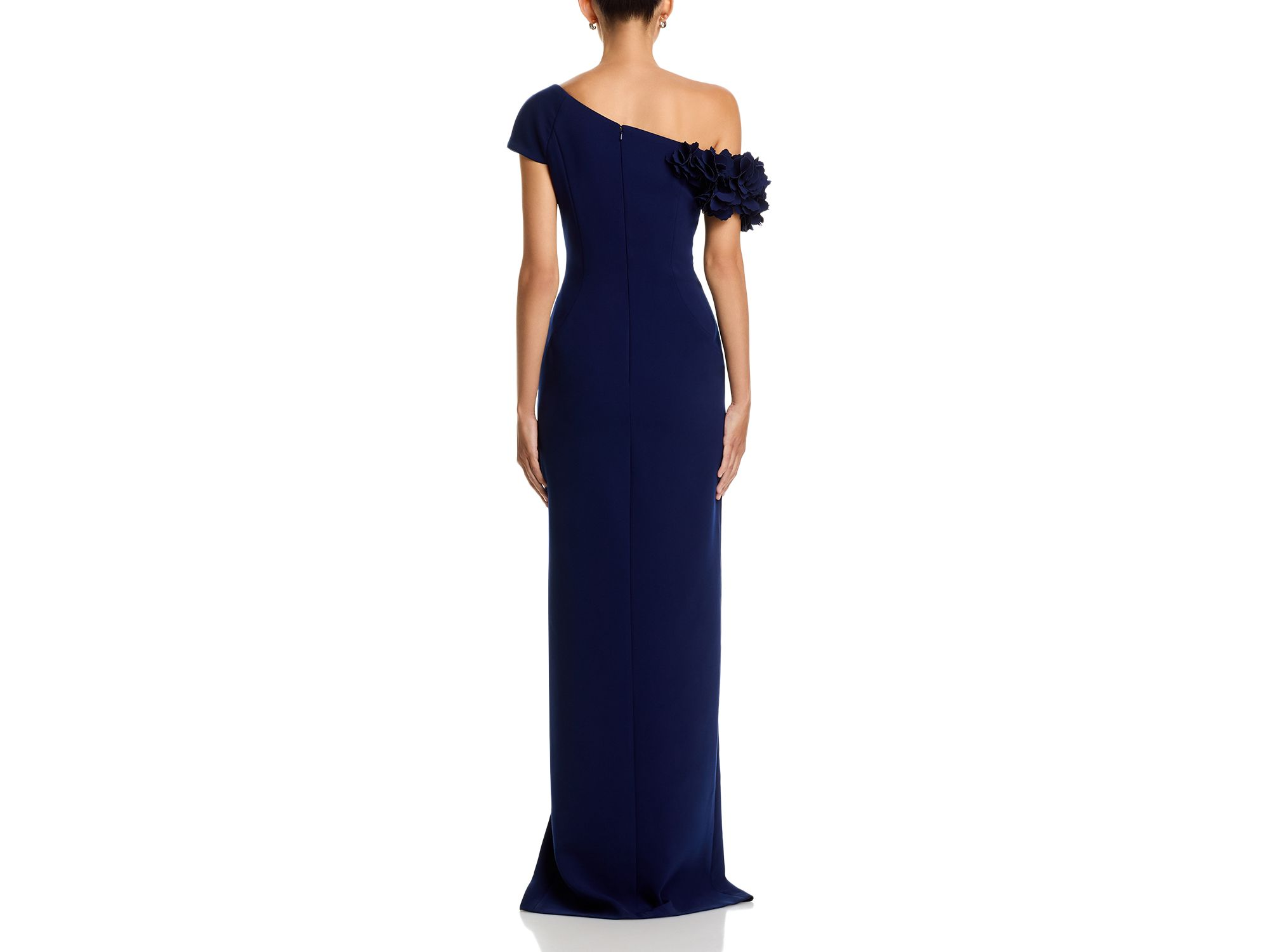 Stretch Crepe 3D Flower Asymmetric Neck Gown — Image 4