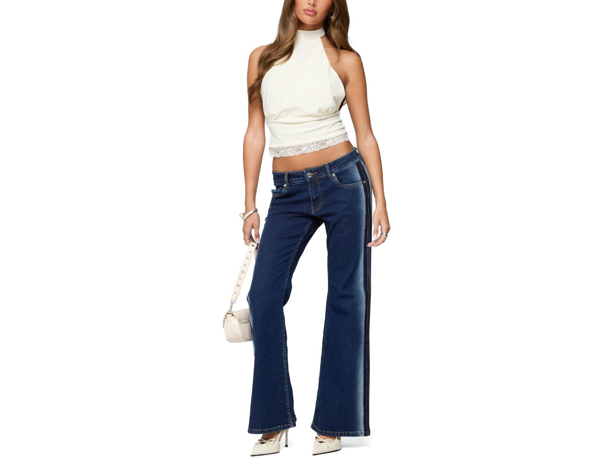 Airbrushed Low Rise Flared Dark Rinse Wash Jeans — Image 4