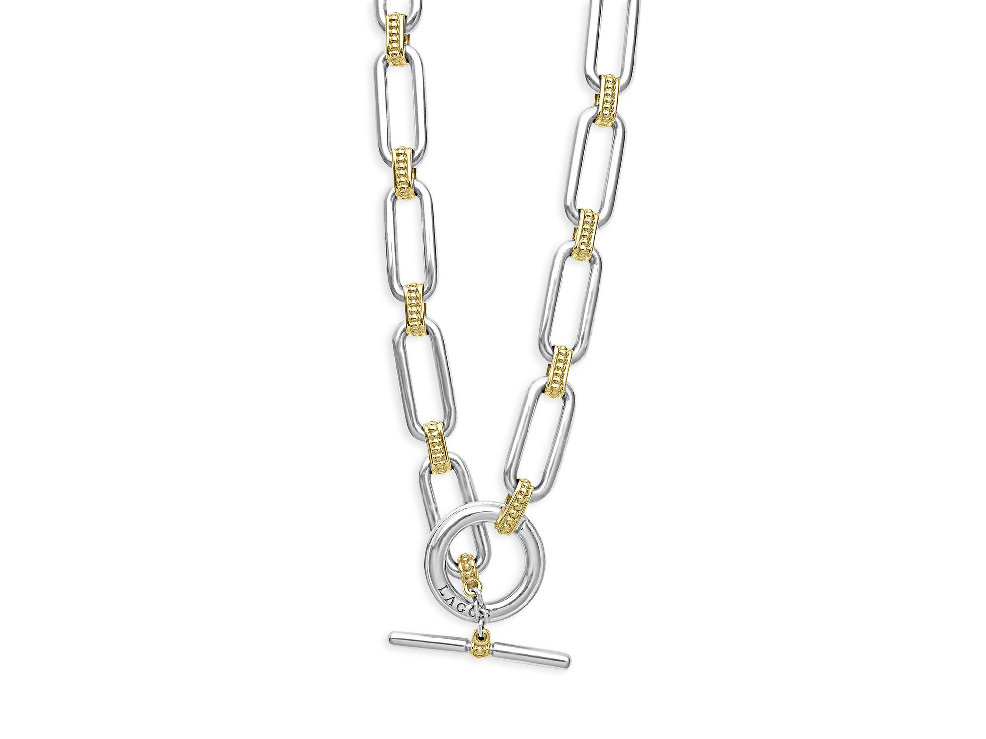 18K Yellow & Sterling Silver Signature Caviar Oval Link & Bead Statement Necklace, 18" — Image 3