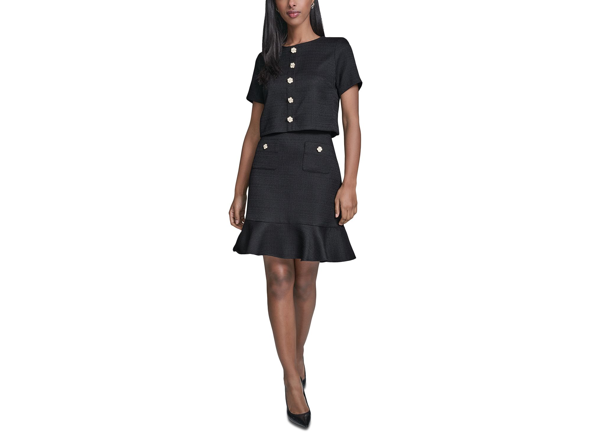 Flower Button Short Sleeve Summer Tweed Dress — Image 4