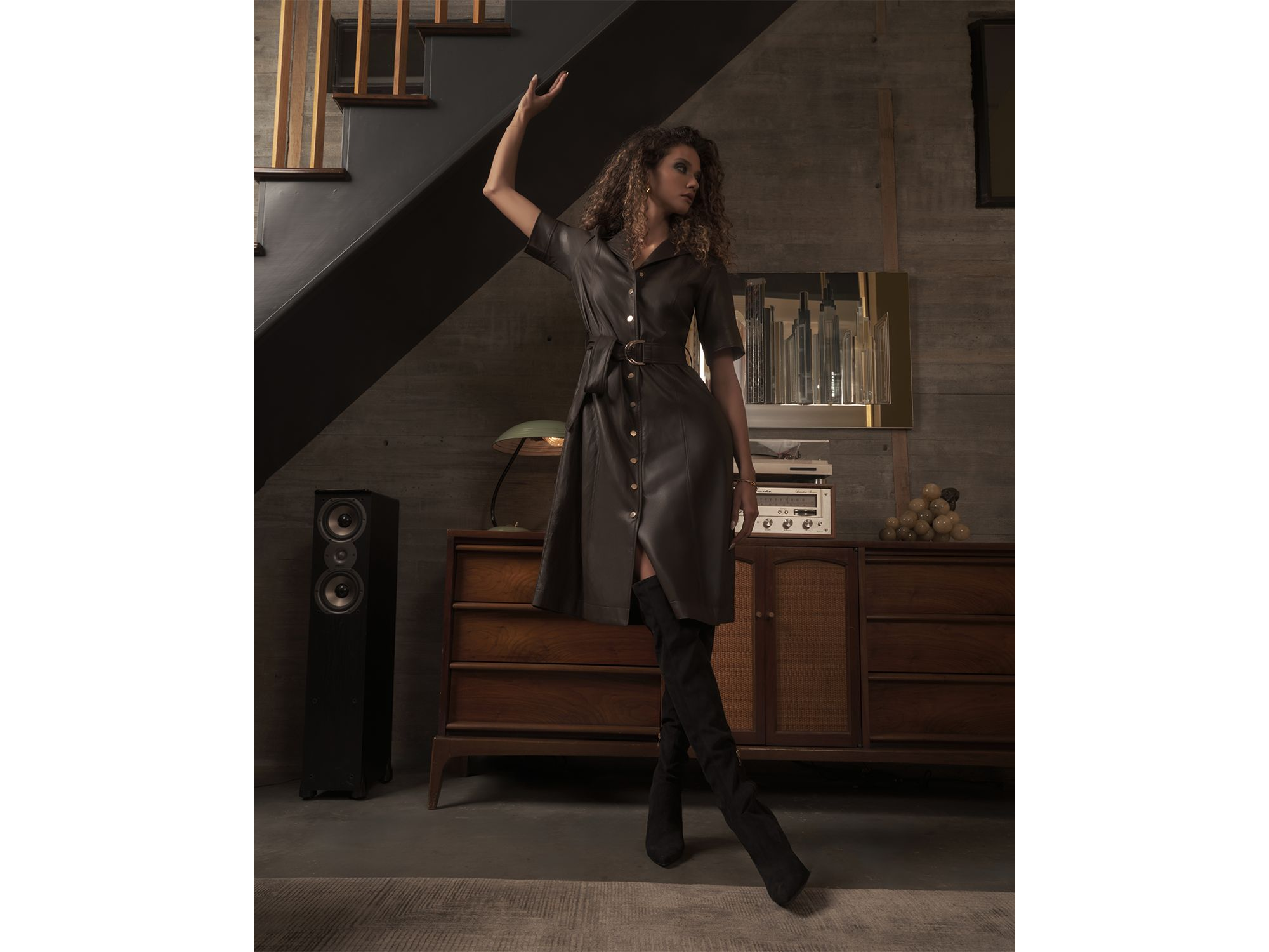 Faux Leather Short Sleeve Button Down Fit & Flare Dress — Image 3