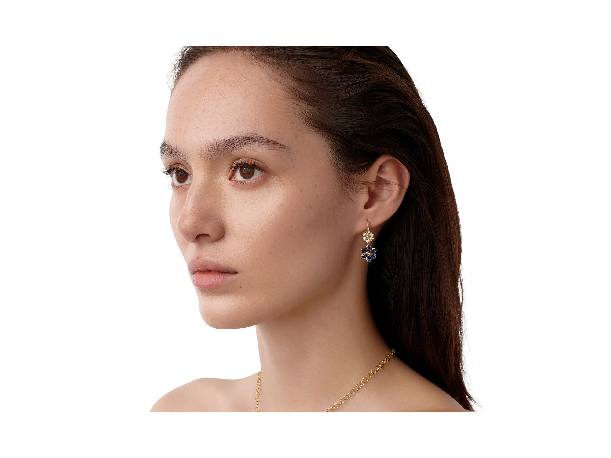 18K Yellow Gold FJ Blue Sapphire & Diamond Fiori Flower Drop Earrings — Image 3