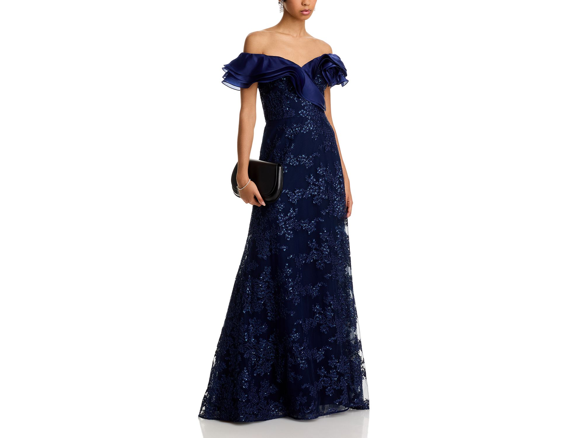 Organza Off Shoulder Sequin Embroidered Tulle Gown — Image 4