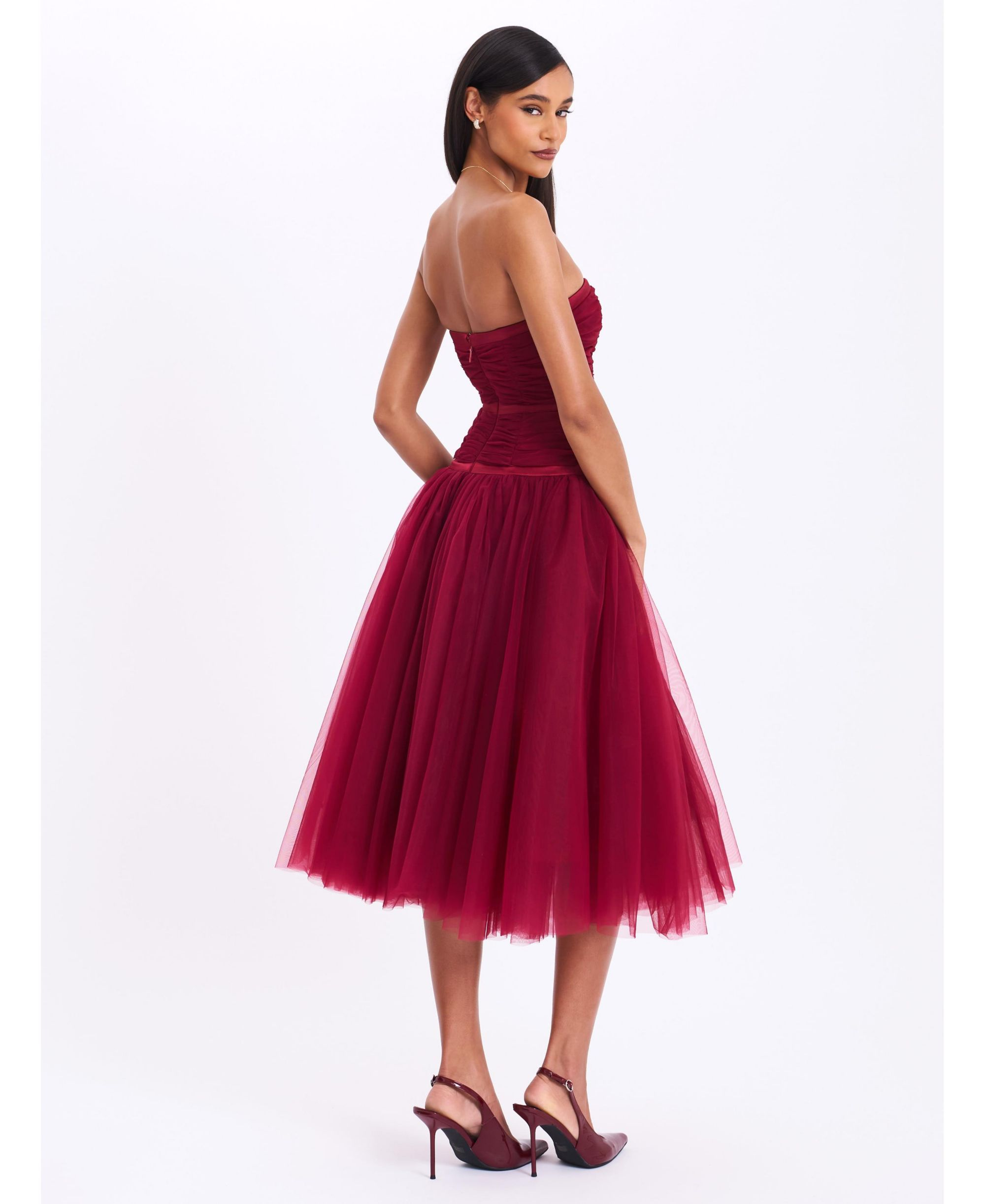 Mabel Drop Waist Layered Mesh Midi Puffy Dress with Bow — Image 10