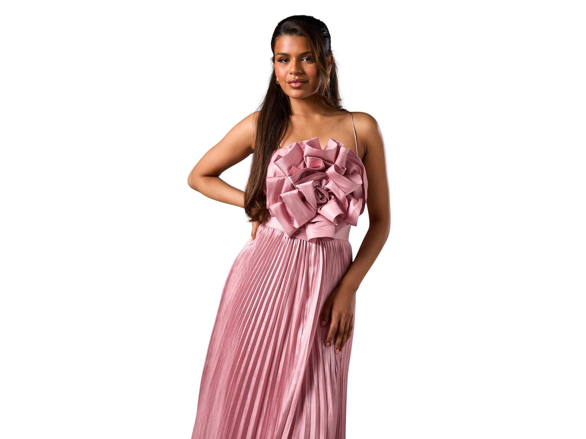 Petite Metallic Pleated Corsage Dress — Image 3