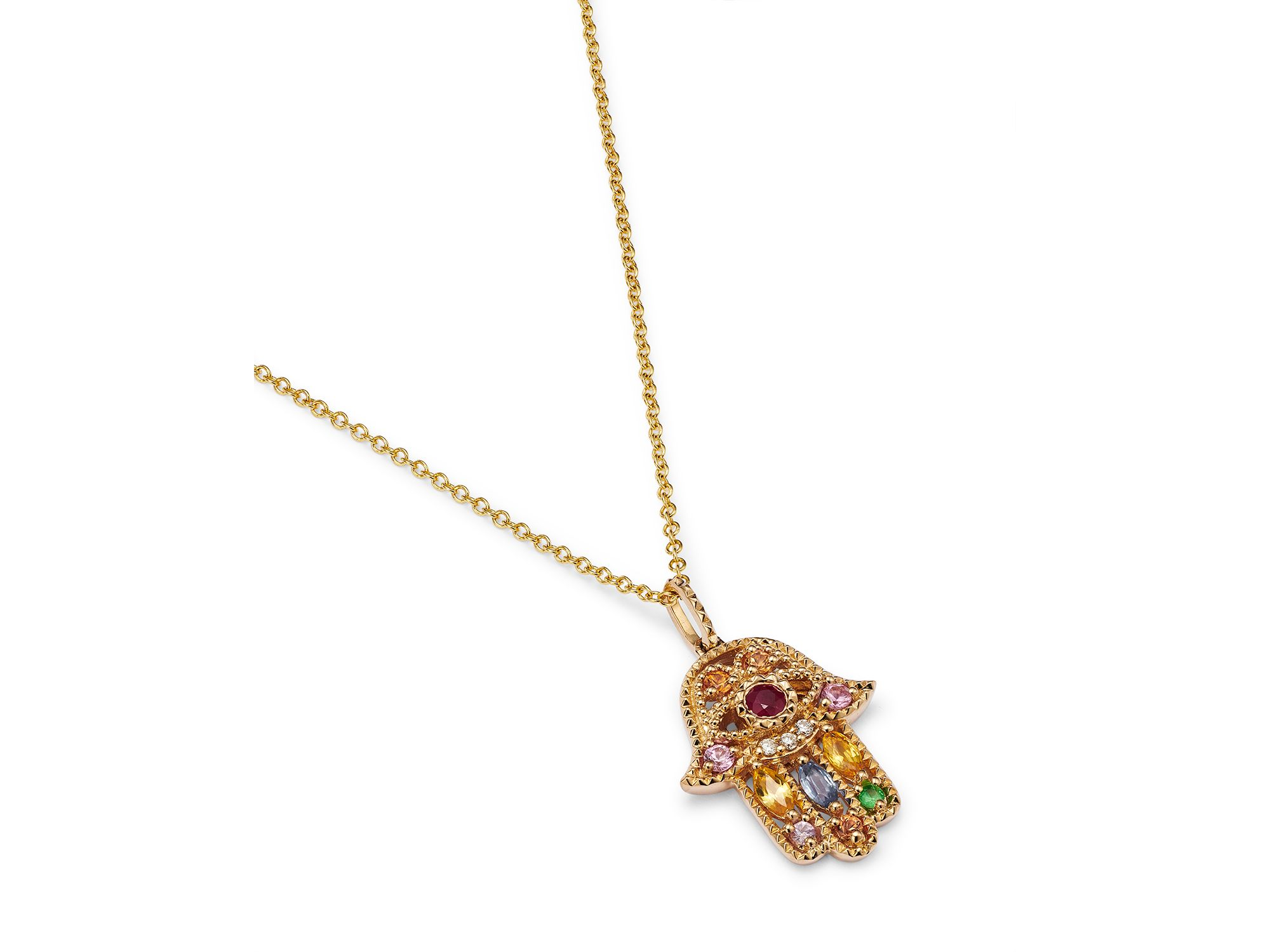 Rainbow Gemstone & Diamond Hamsa Pendant Necklace in 14K Yellow Gold, 18" — Image 3