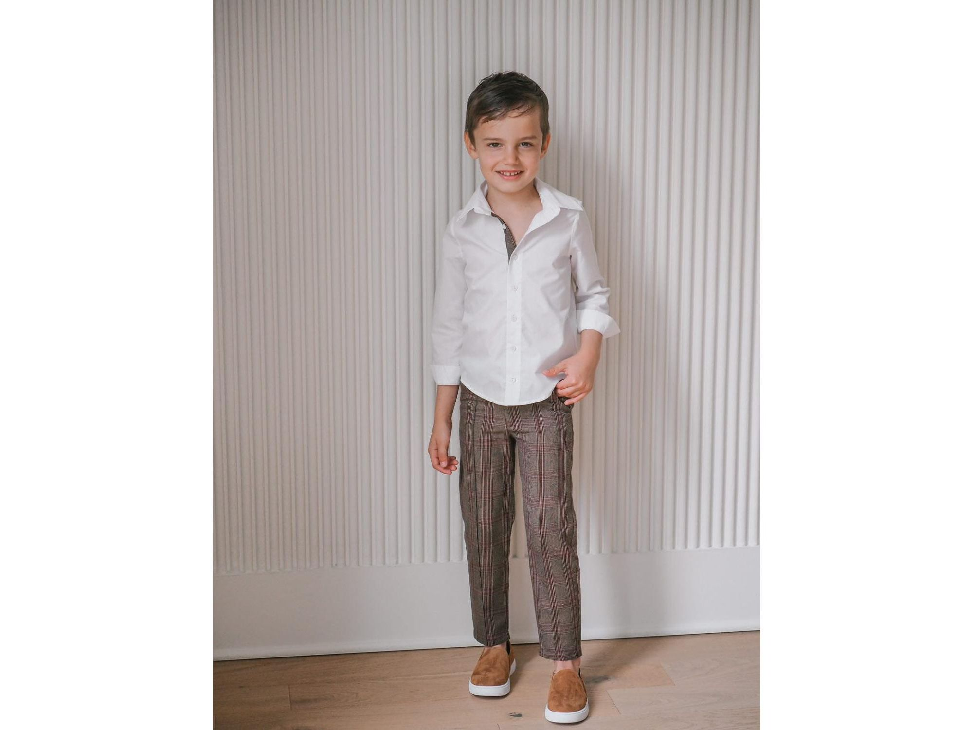 Unisex Petite Maison Blair White Cotton Button Down Shirt with Estate Tweed Trim and Tweed Pants — Image 5