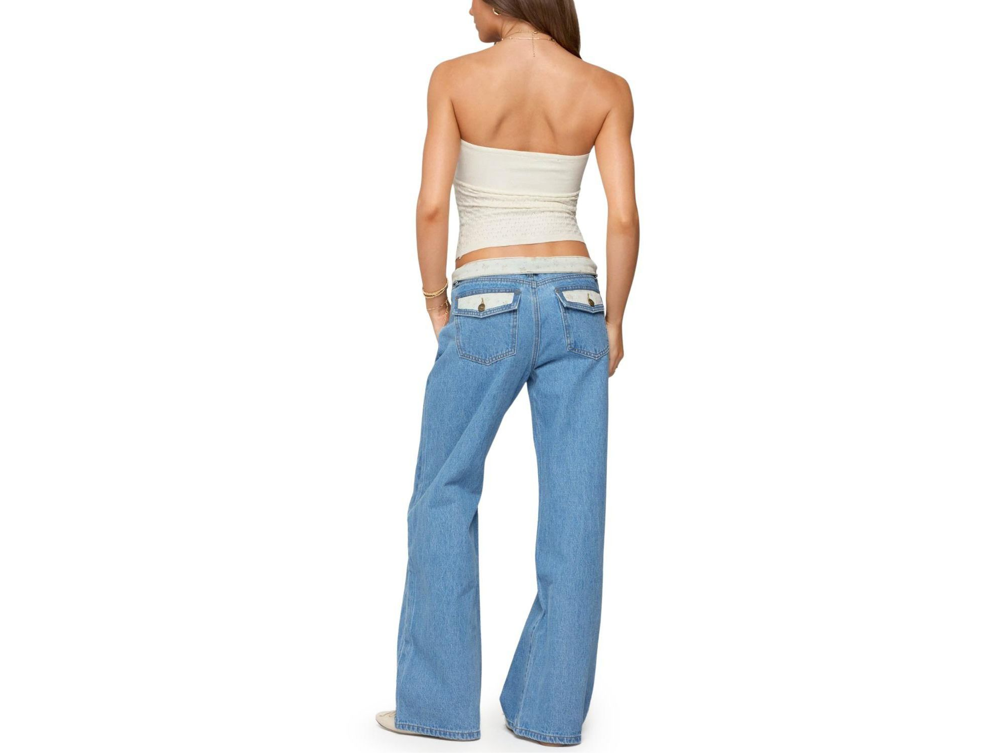 Floral Foldover Low Rise Medium Rinse Wash Jeans — Image 3