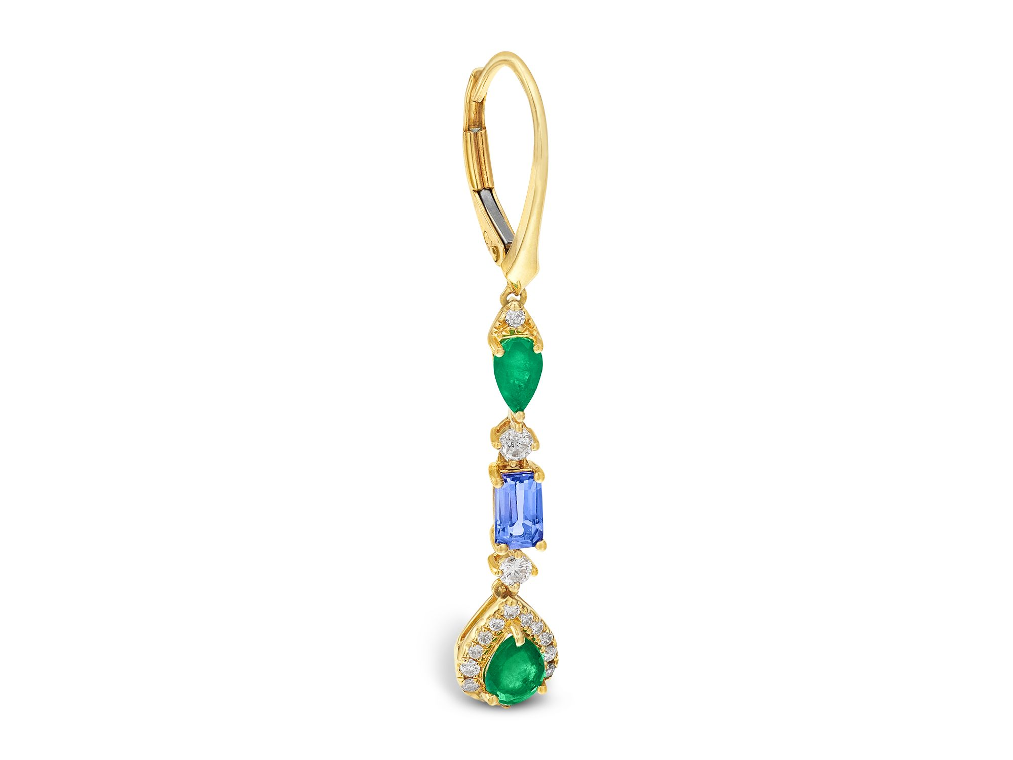 Emerald, Tanzanite & Diamond Linear Drop Earrings in 14K Yellow Gold — Image 3