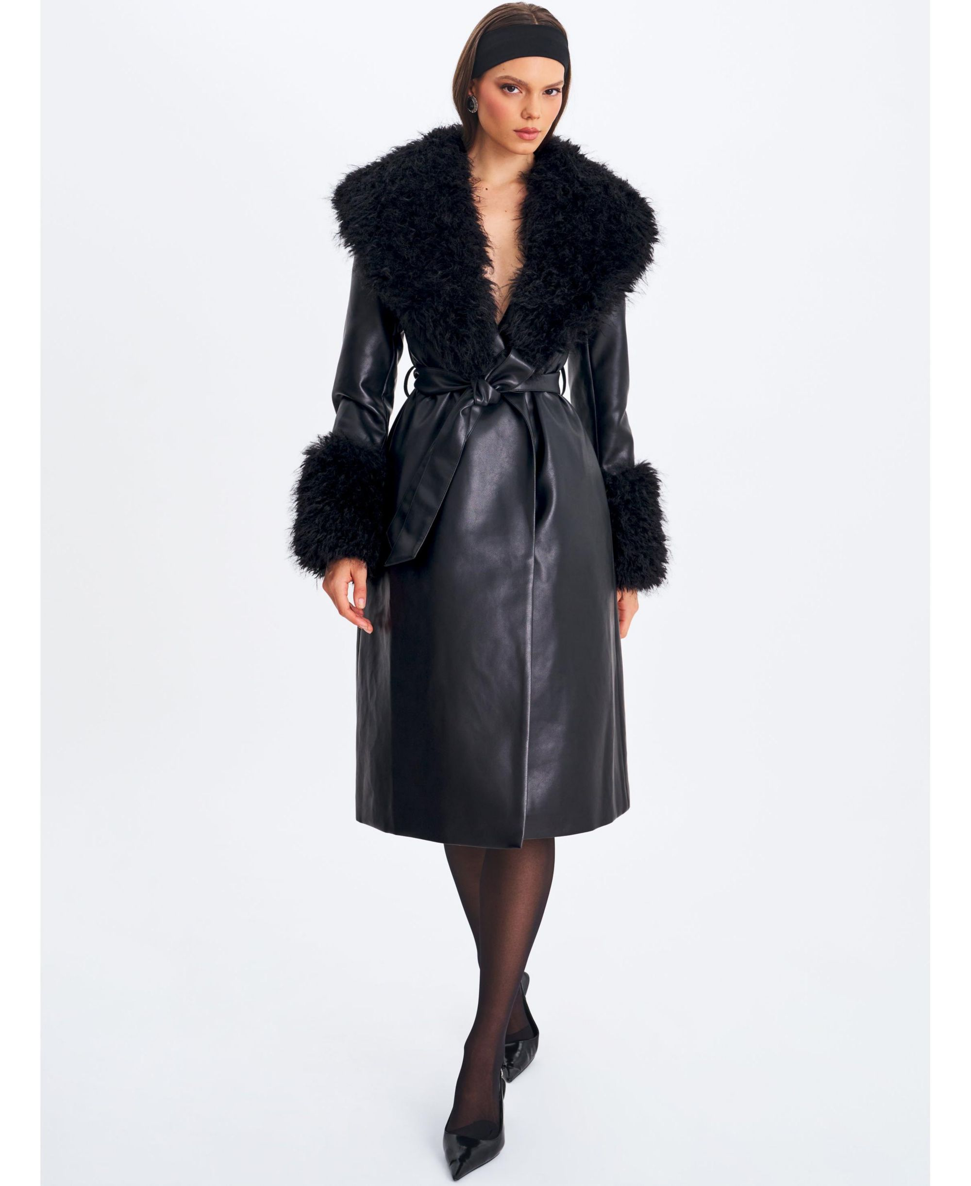 Zariah Faux Fur Trimmed Longline Faux Leather Coat — Image 7