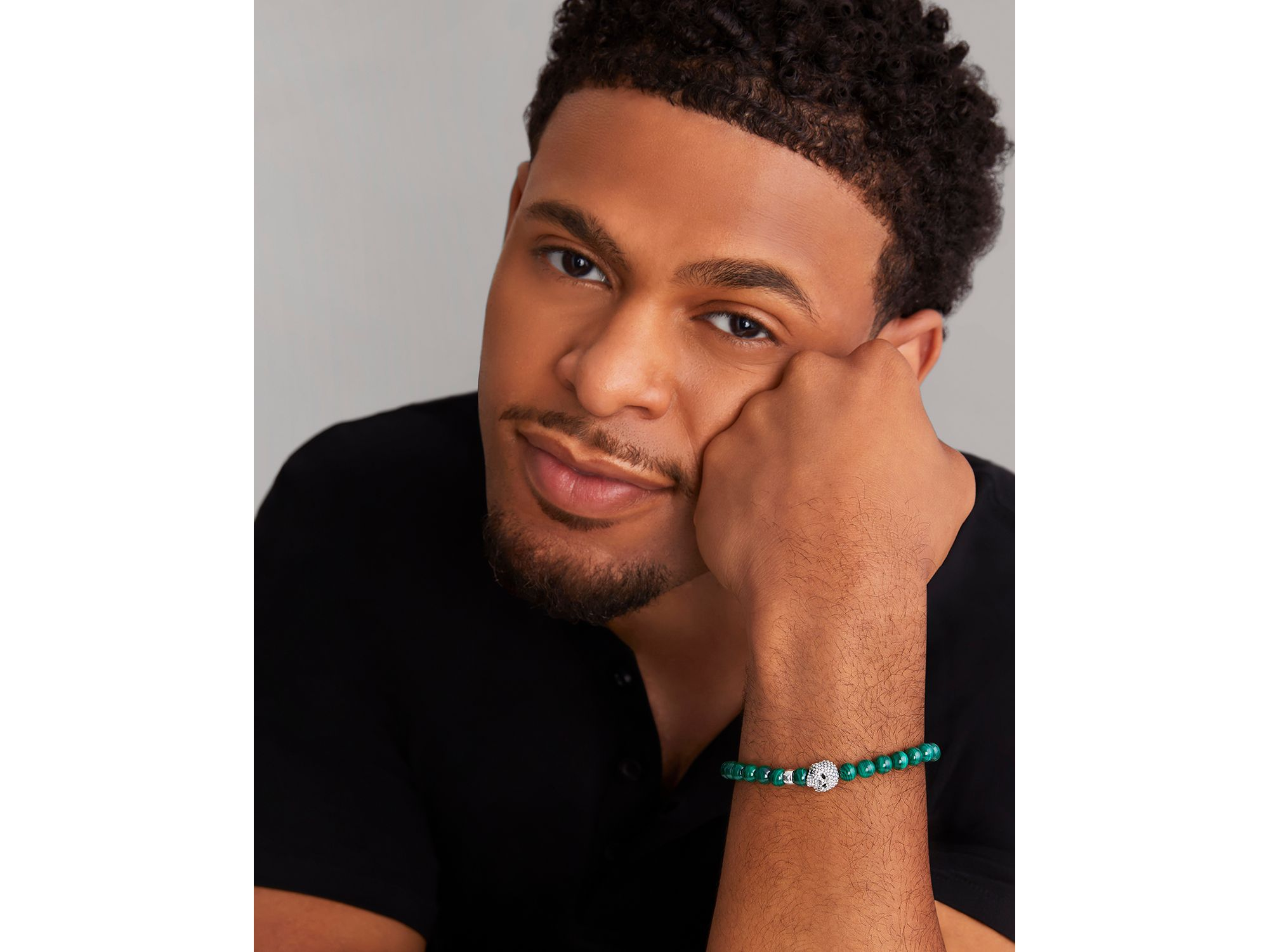 Men's Sterling Silver Anthem Malachite Bead Skull Stretch Bracelet - Exclusive — Image 4