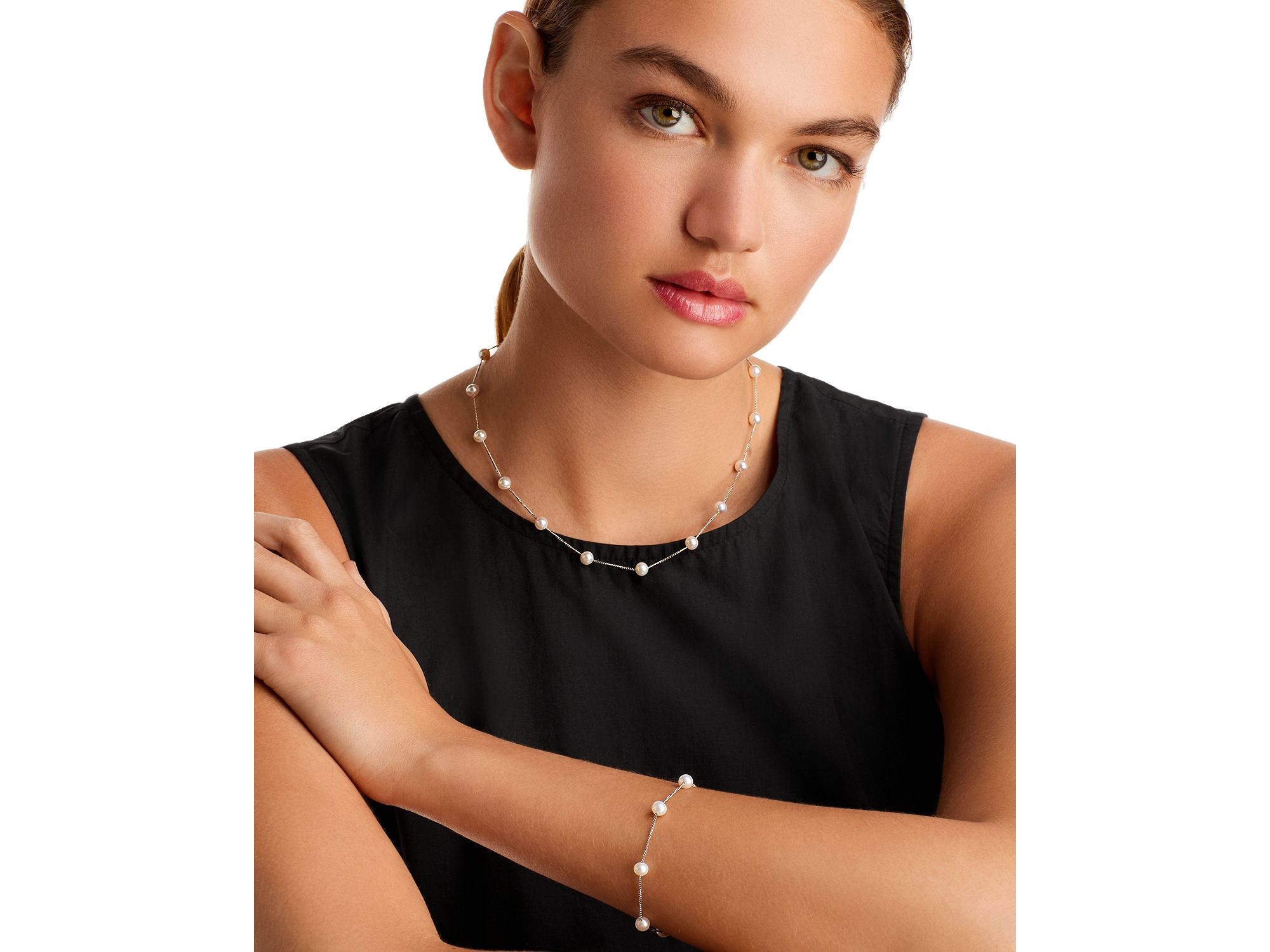 Cultured Freshwater Pearl Station Bracelet in 14K White Gold — Image 3