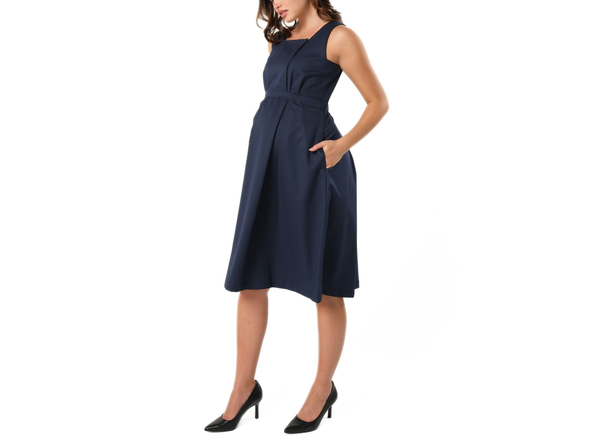 Women's Sleeveless Empire Waist Maternity & Nursing Knee Length Tea Dress in Navy Italian Light Weight Suiting Fabric (Regular & Petite) — Image 3