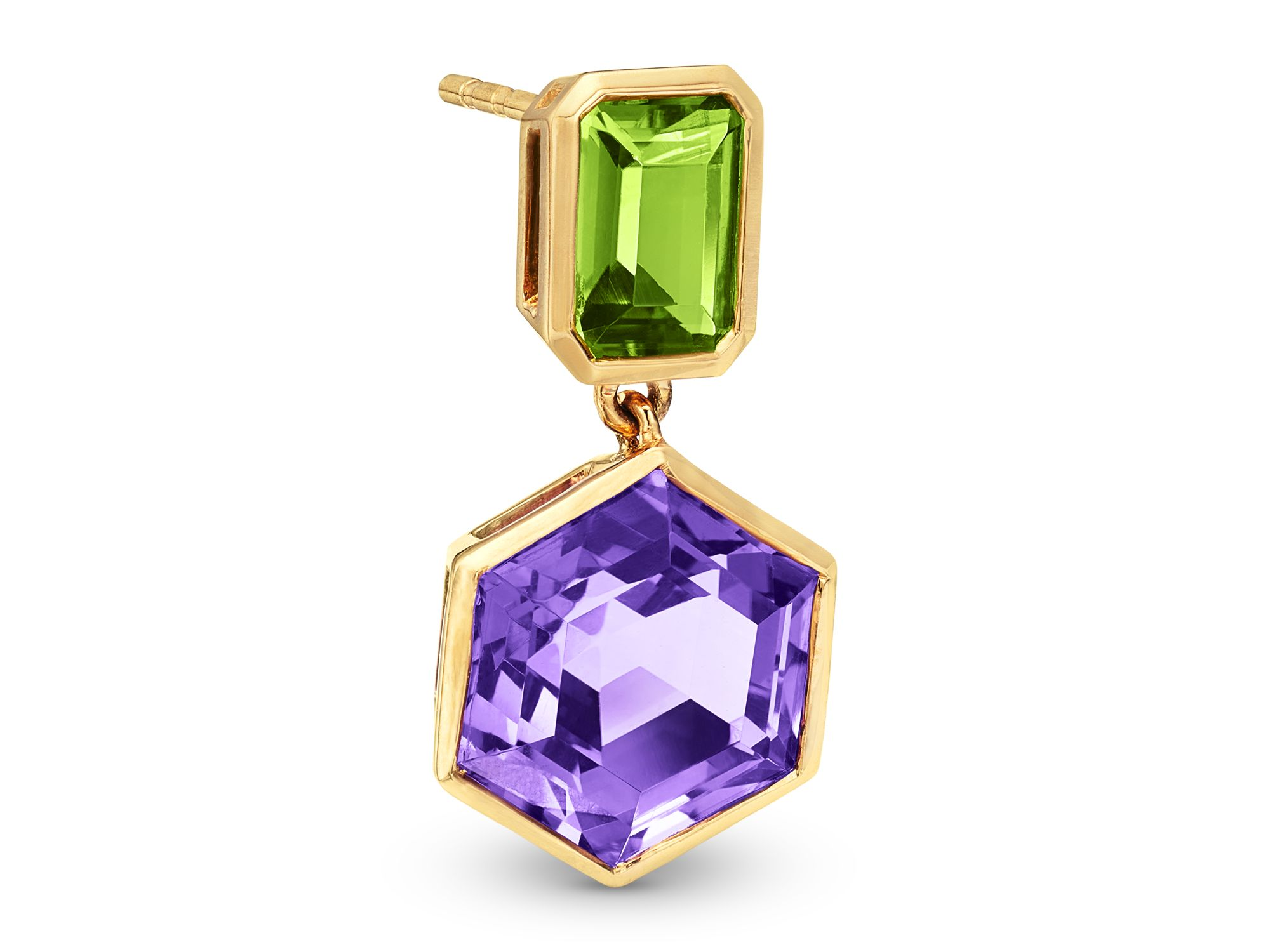 Amethyst & Peridot Geometric Drop Earrings in 14K Yellow Gold — Image 3