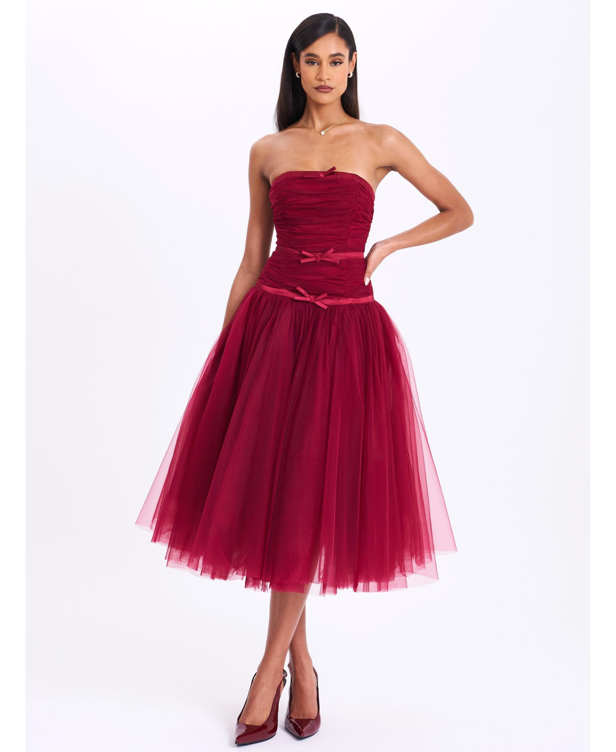 Mabel Drop Waist Layered Mesh Midi Puffy Dress with Bow — Image 5
