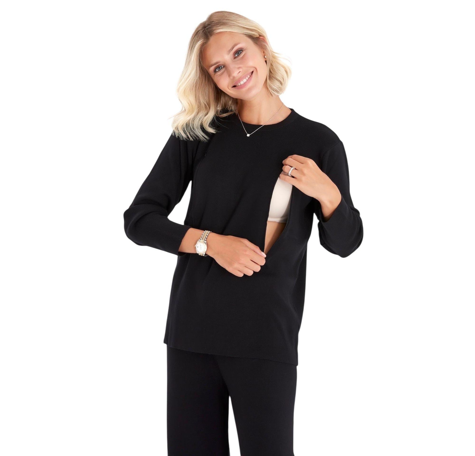 Effortless Elegance Set with Rib Side Zip Long Sleeve Materity/Nursing Top & Lounge Pants — Image 3