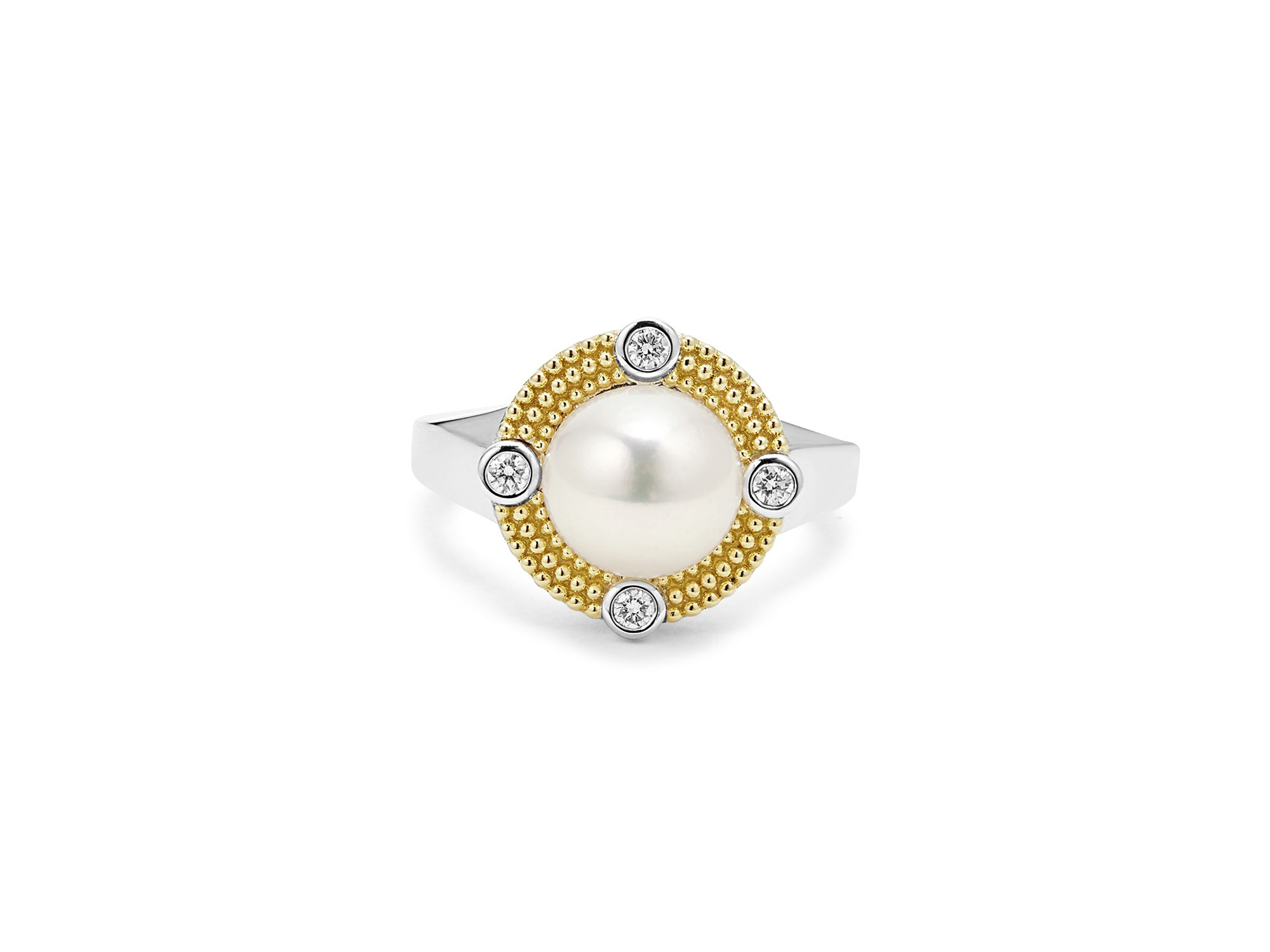 18K Yellow Gold & Sterling Silver Luna Cultured Freshwater Pearl & Diamond Halo Ring — Image 3