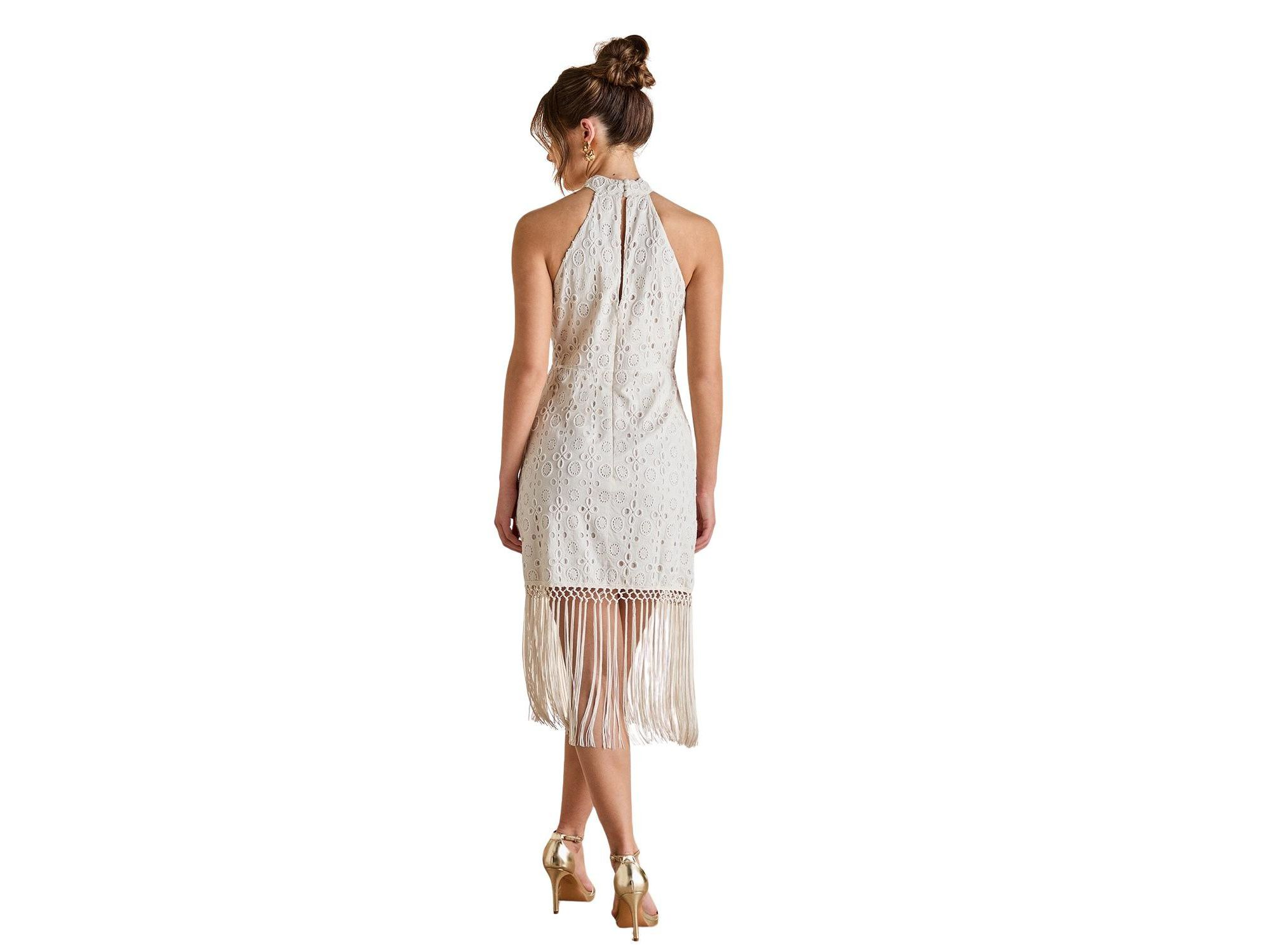 Broderie Embellished Fringe Halter Dress — Image 4