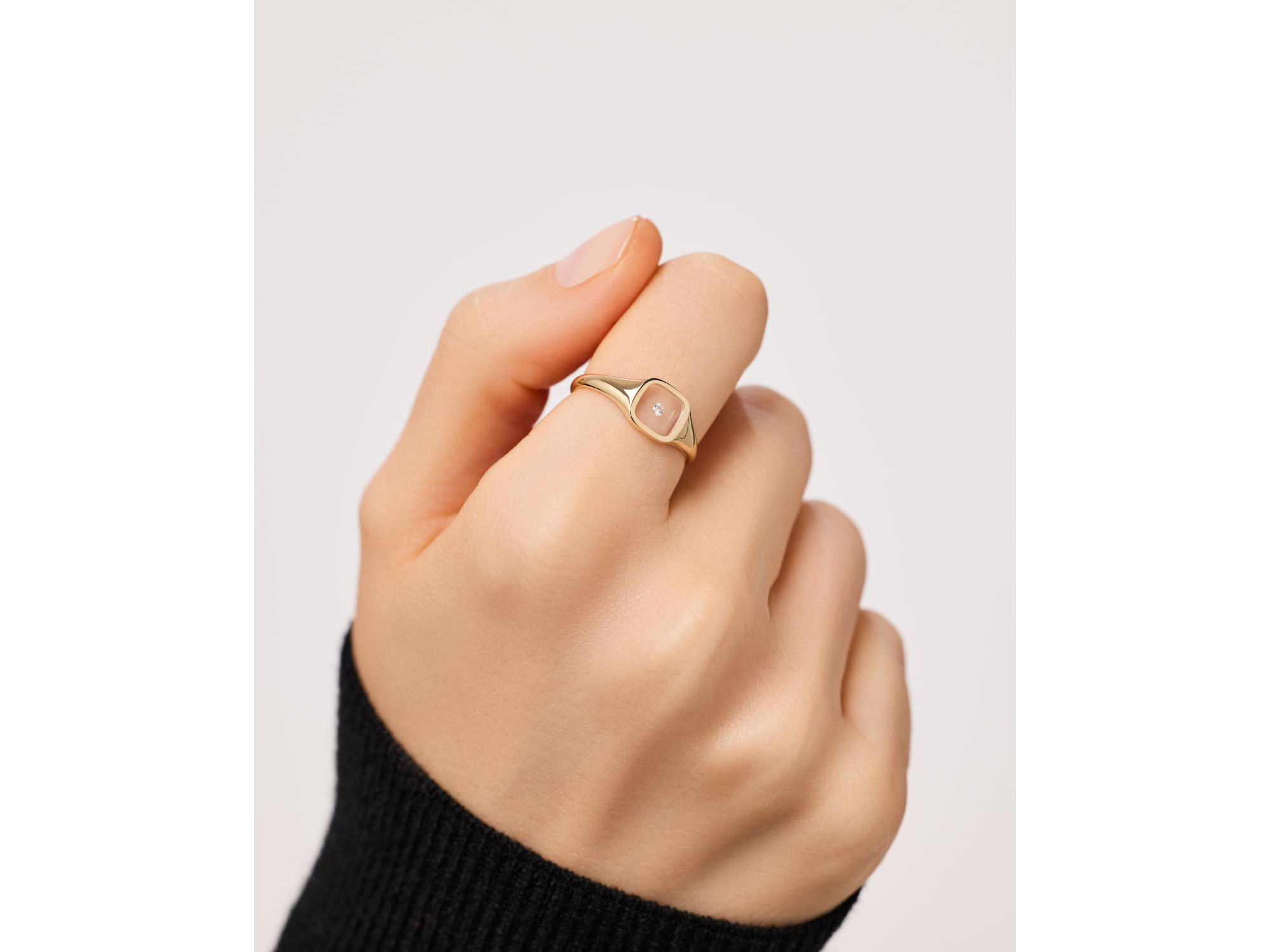 Solid Yellow Gold Floating Lab-Grown Diamond Signet Ring — Image 5