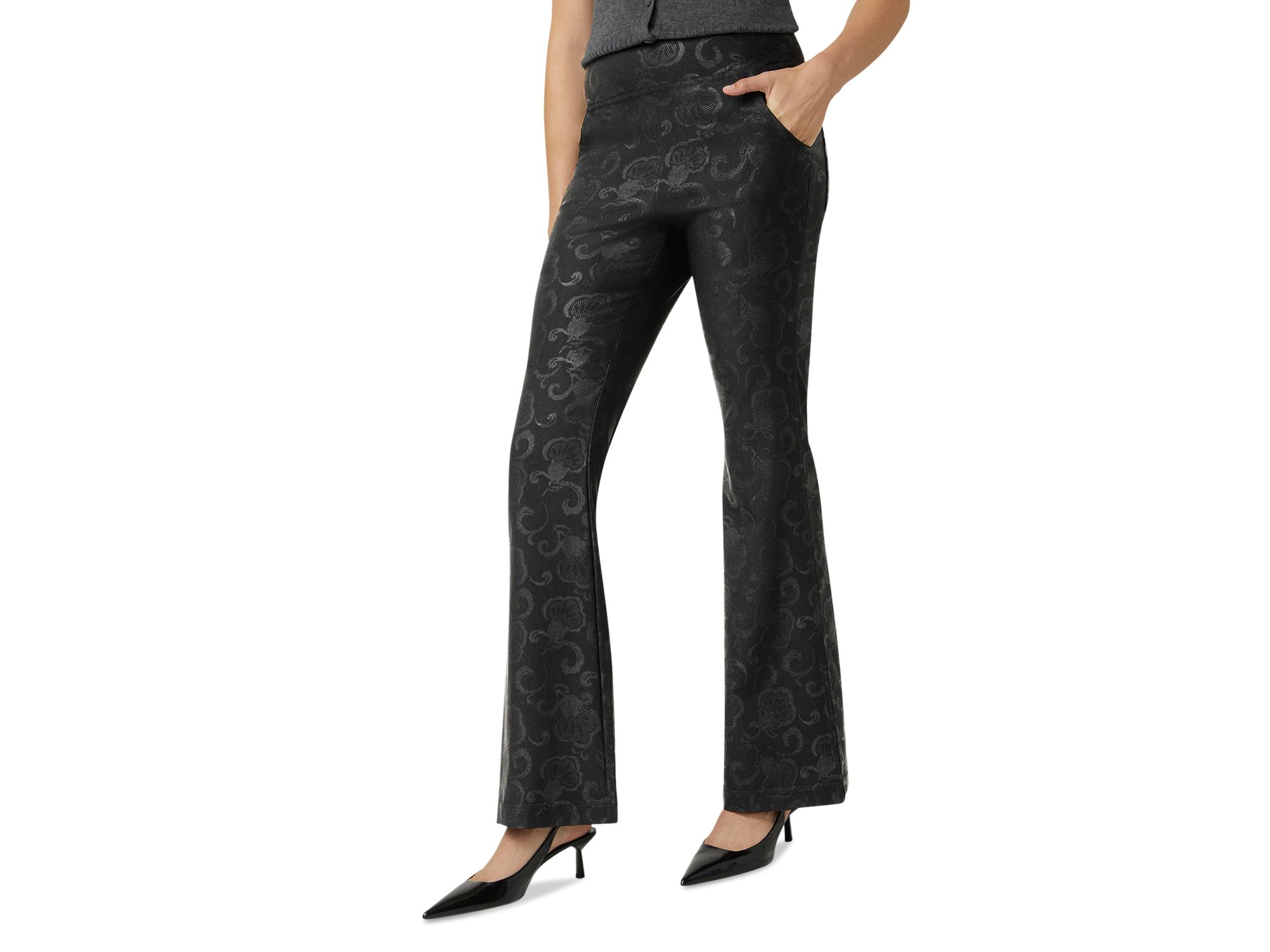 Etched Floral High Rise Baby Bootcut Jeans in Black — Image 5