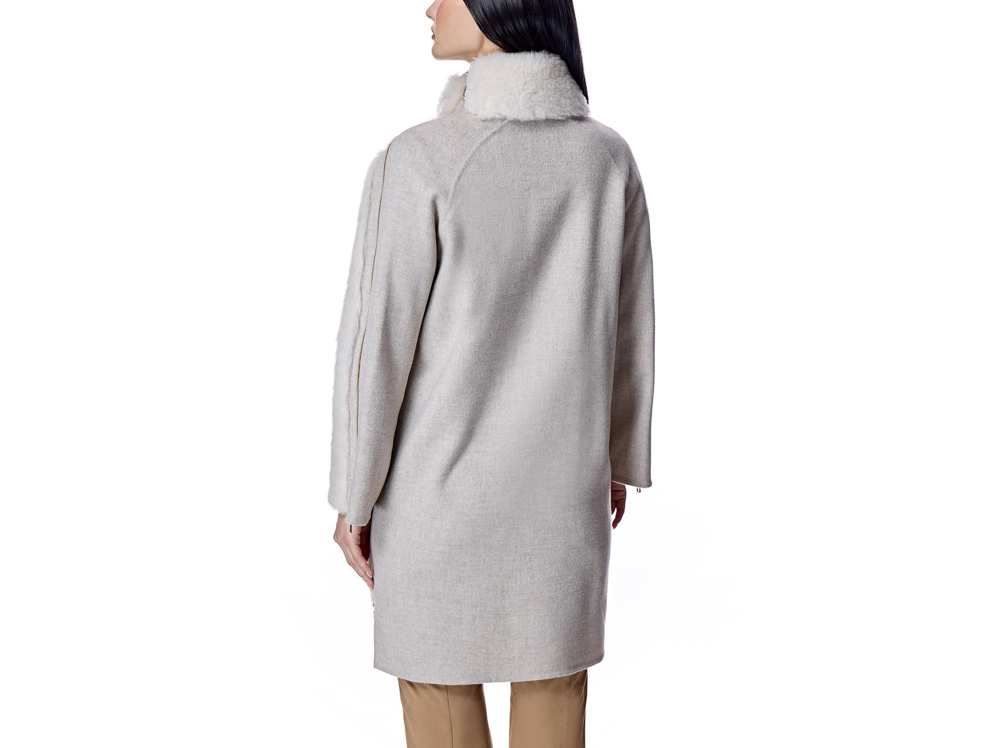 Mixed-Media Shearling Coat With Zipper Trim — Image 4