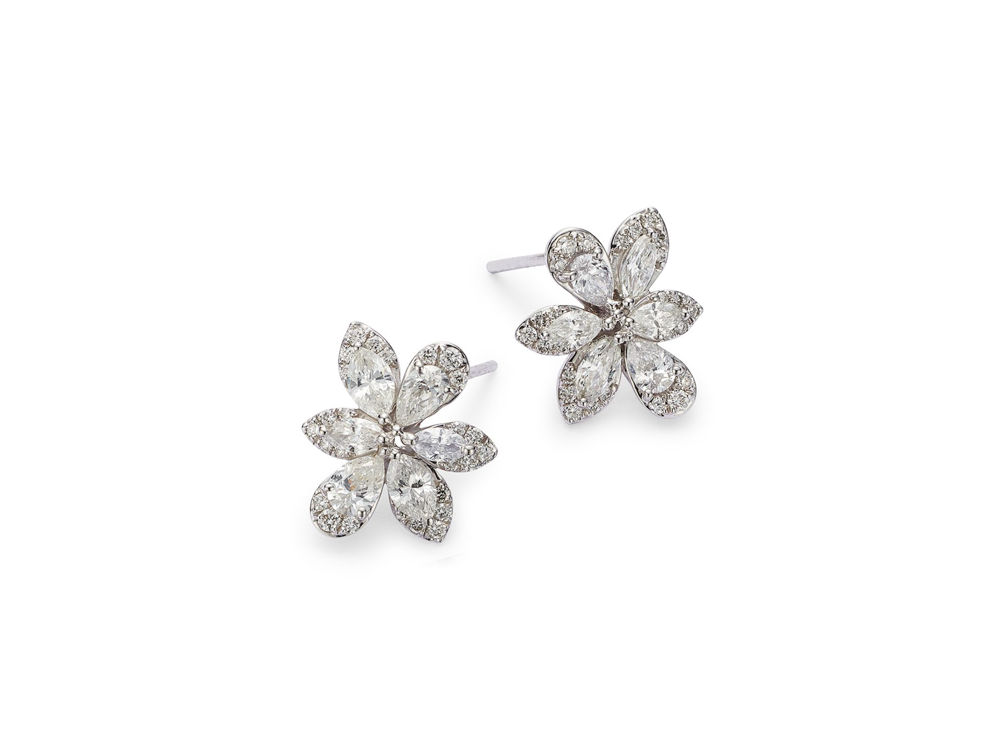 Marquis, Pear & Round Cut Diamond Flower Stud Earrings in 14K White Gold, 1.0 tcw — Image 4