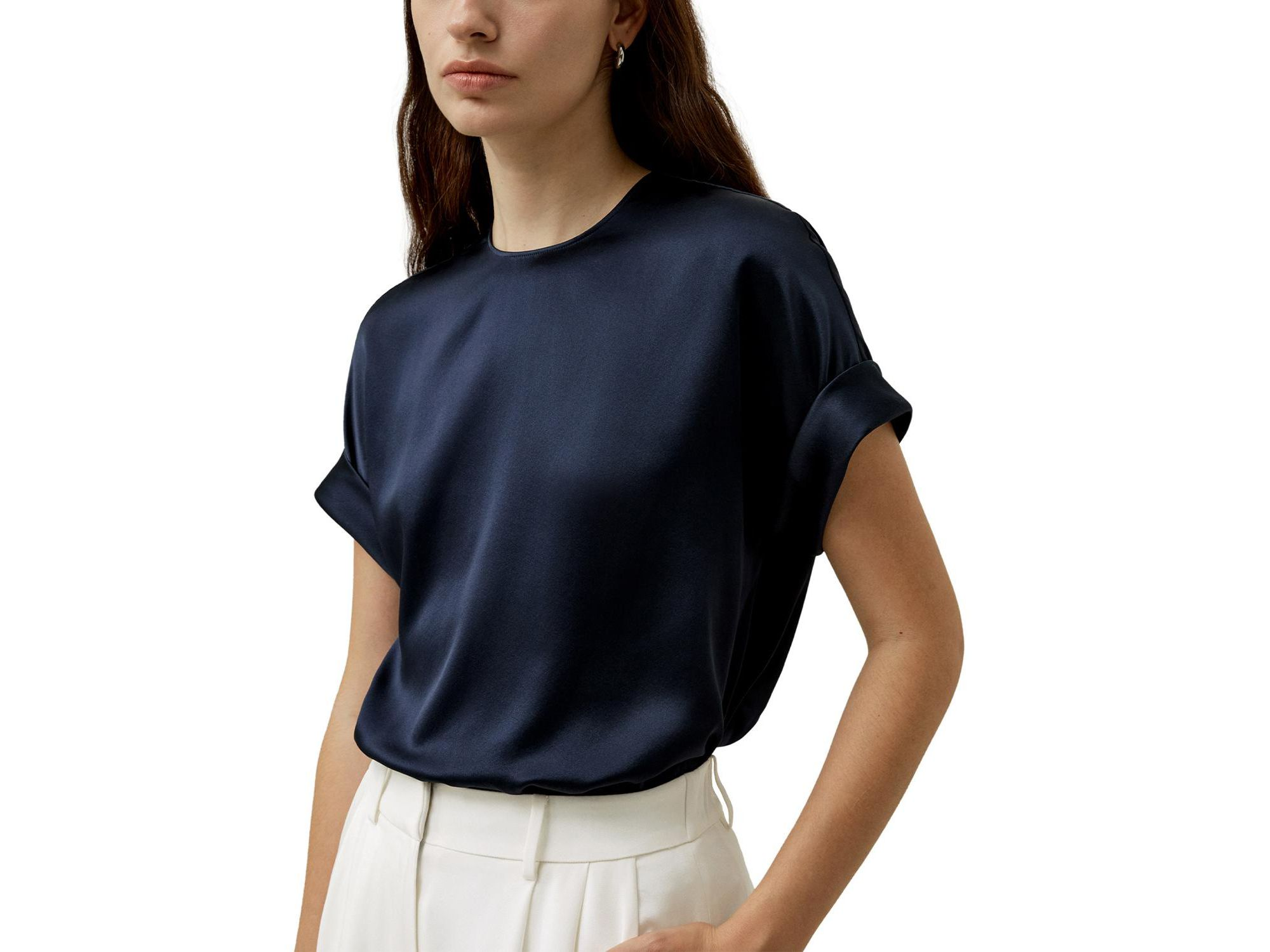 Obliuque Sleeves Round Neck Silk Tee - Image 1