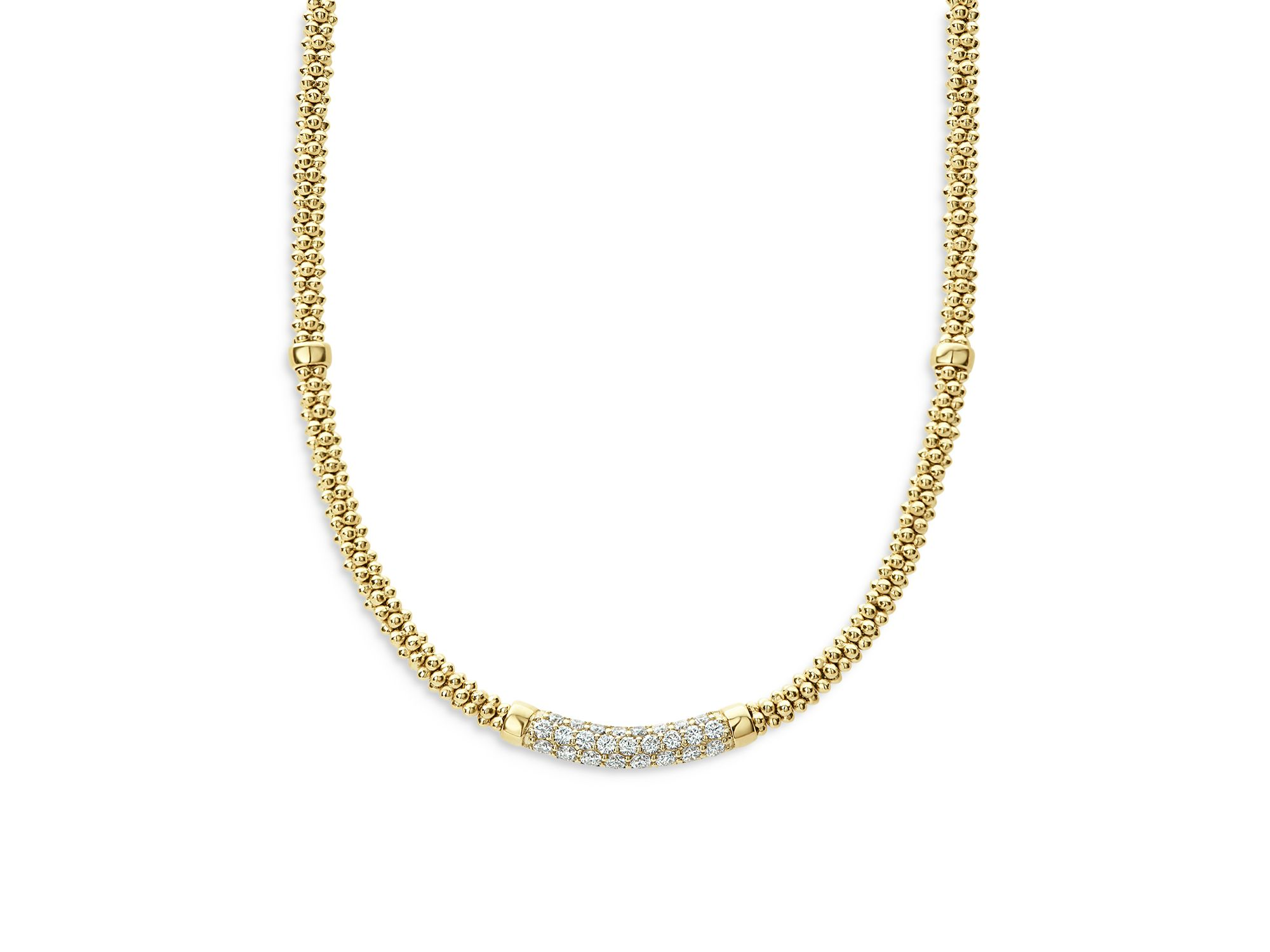 18K Yellow Gold Caviar Beaded Necklace with Diamonds, 16" — Image 4