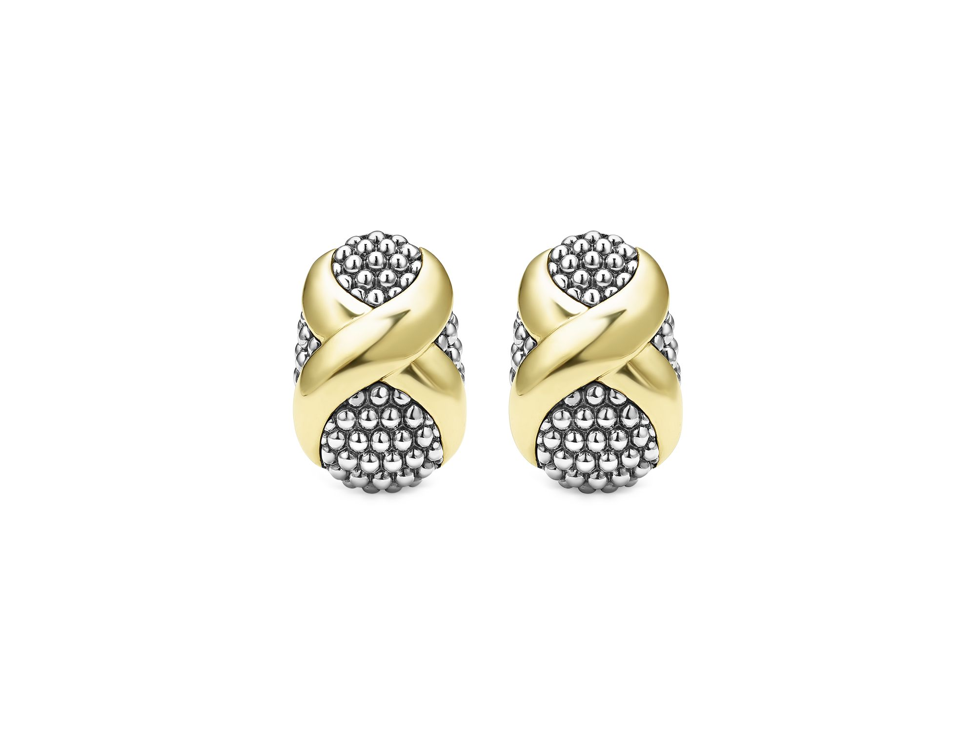 18K Yellow Gold & Sterling Silver Embrace X Oval Caviar Bead Omega Earrings — Image 3