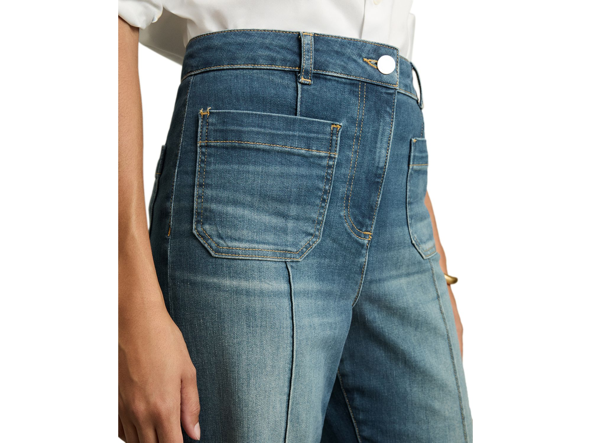 Petites Sakura Flare Patch Pocket Jeans in Mid Blue — Image 3