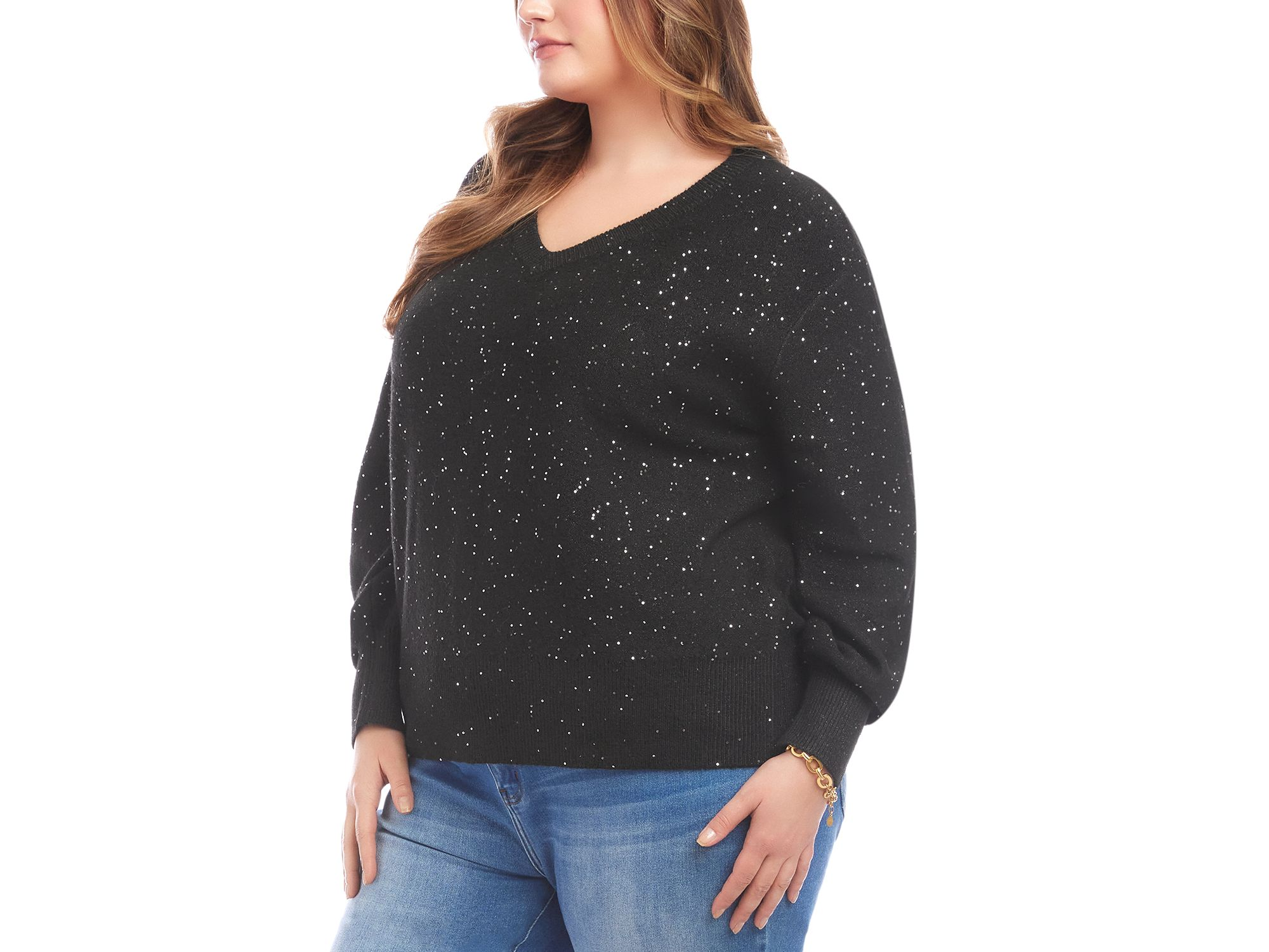 Plus Size Sequin V Neck Sweater — Image 4