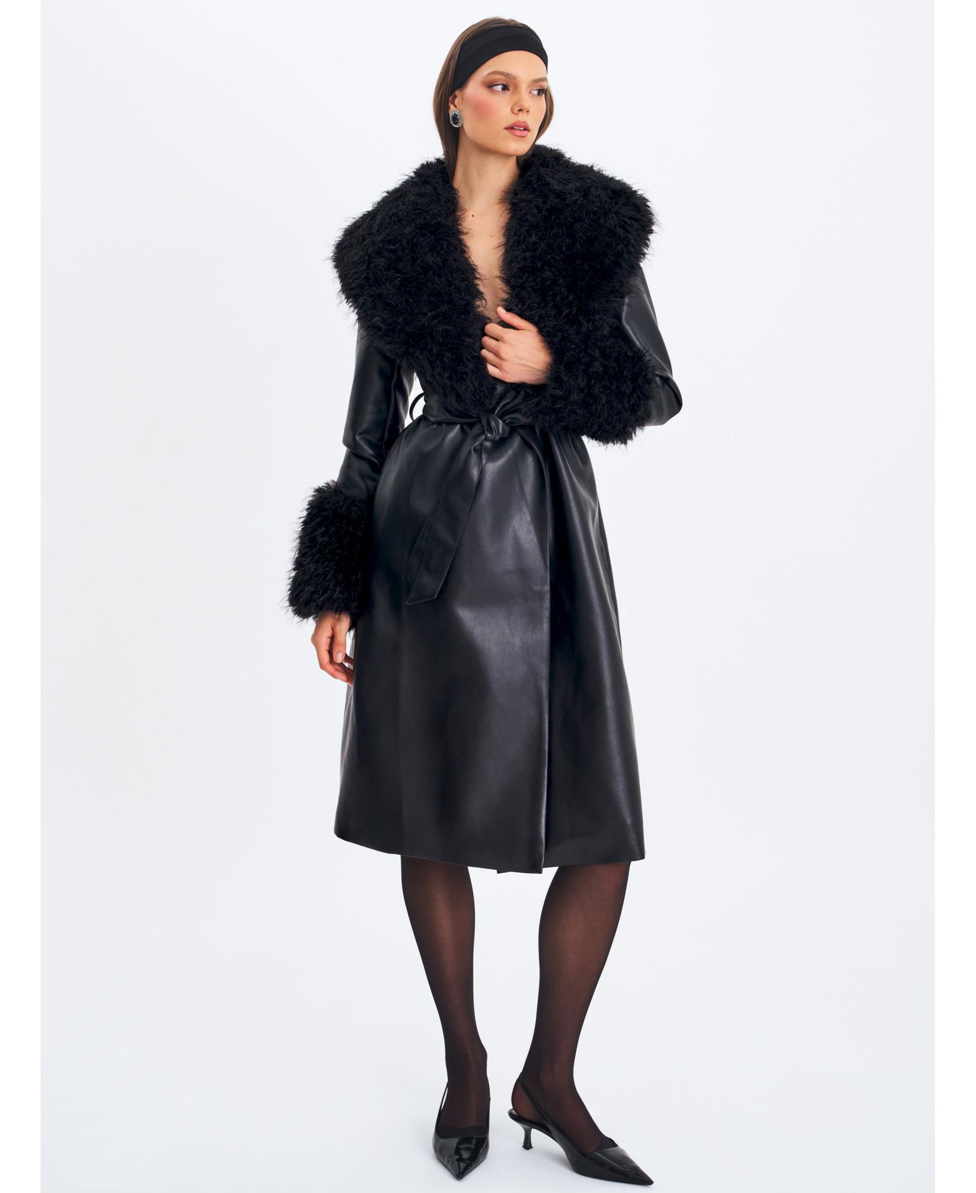 Zariah Faux Fur Trimmed Longline Faux Leather Coat — Image 6