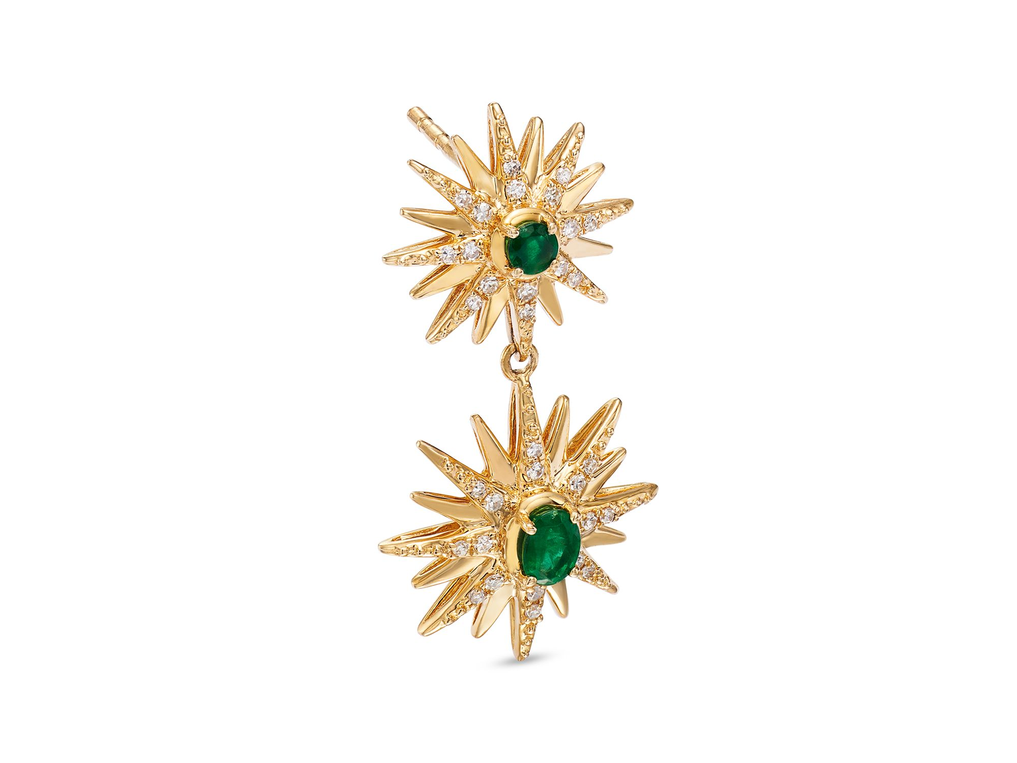 Emerald & Diamond Starburst Drop Earrings in 14K Yellow Gold — Image 3