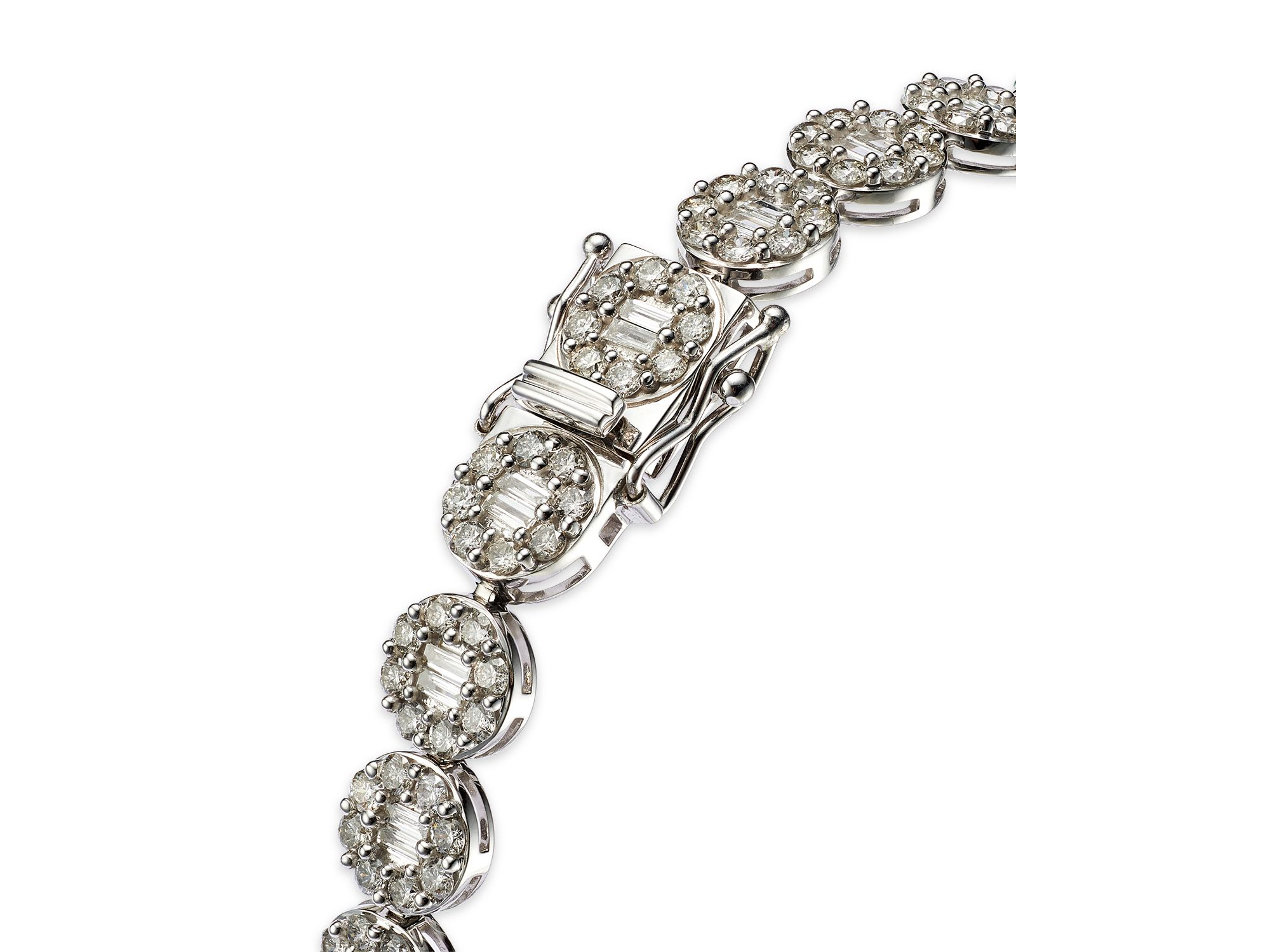 Diamond Round & Baguette Halo Link Bracelet in 14K White Gold, 5.0 tcw — Image 3