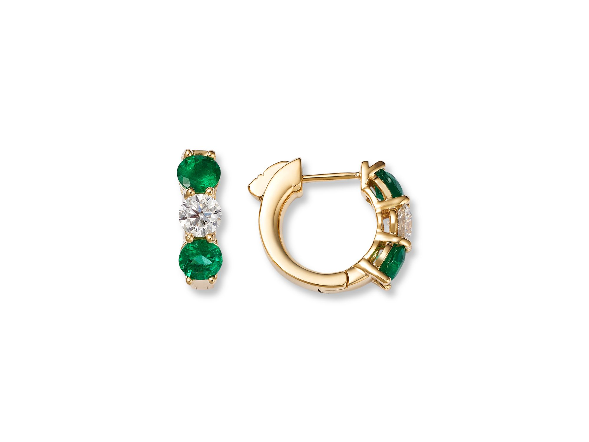 14K Yellow Gold Emerald & Diamond Hoop Earrings — Image 3