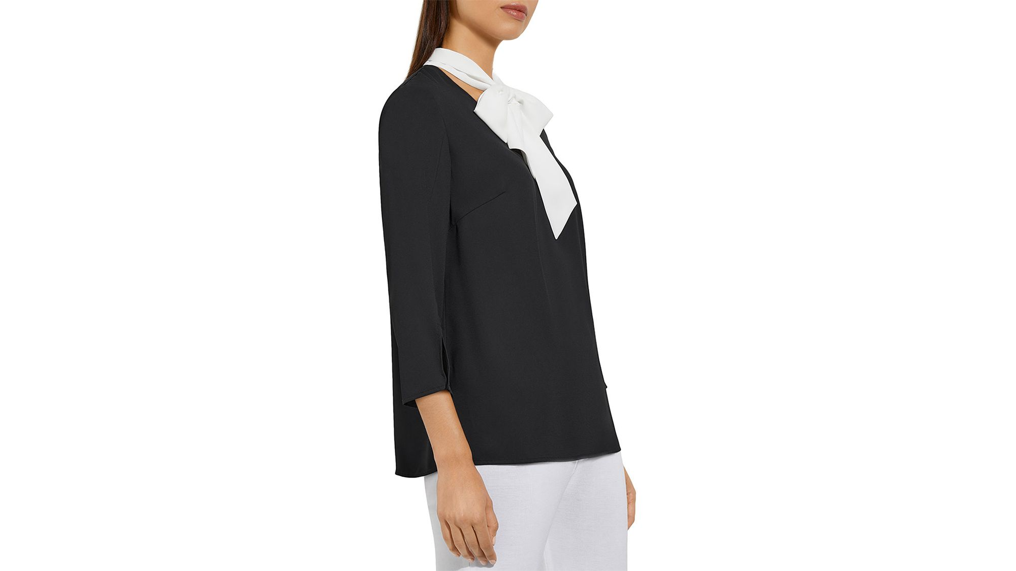 Contrast Tie V-Neck Crepe de Chine Blouse — Image 4