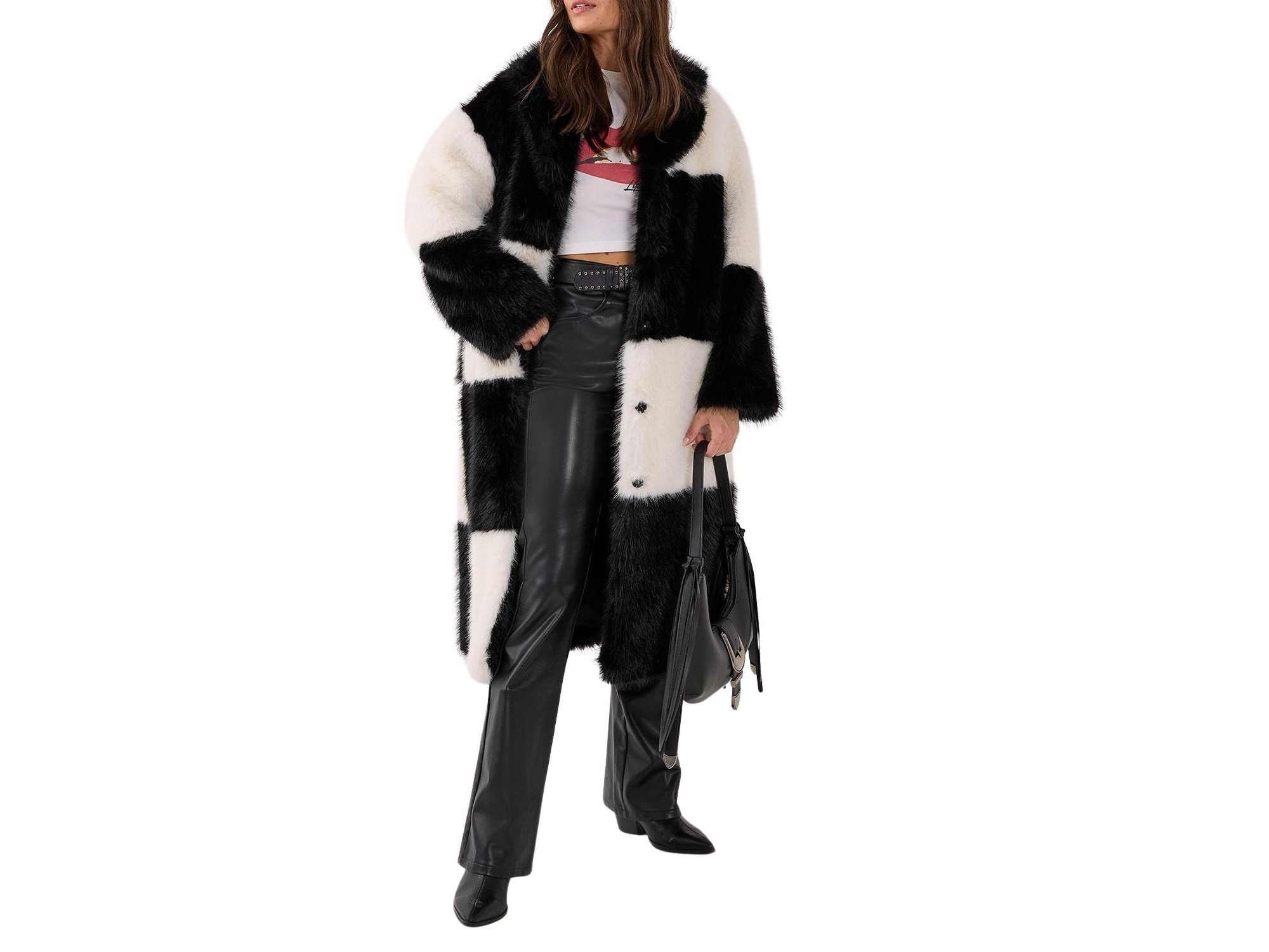 Mono Check Faux Fur Coat - Image 1