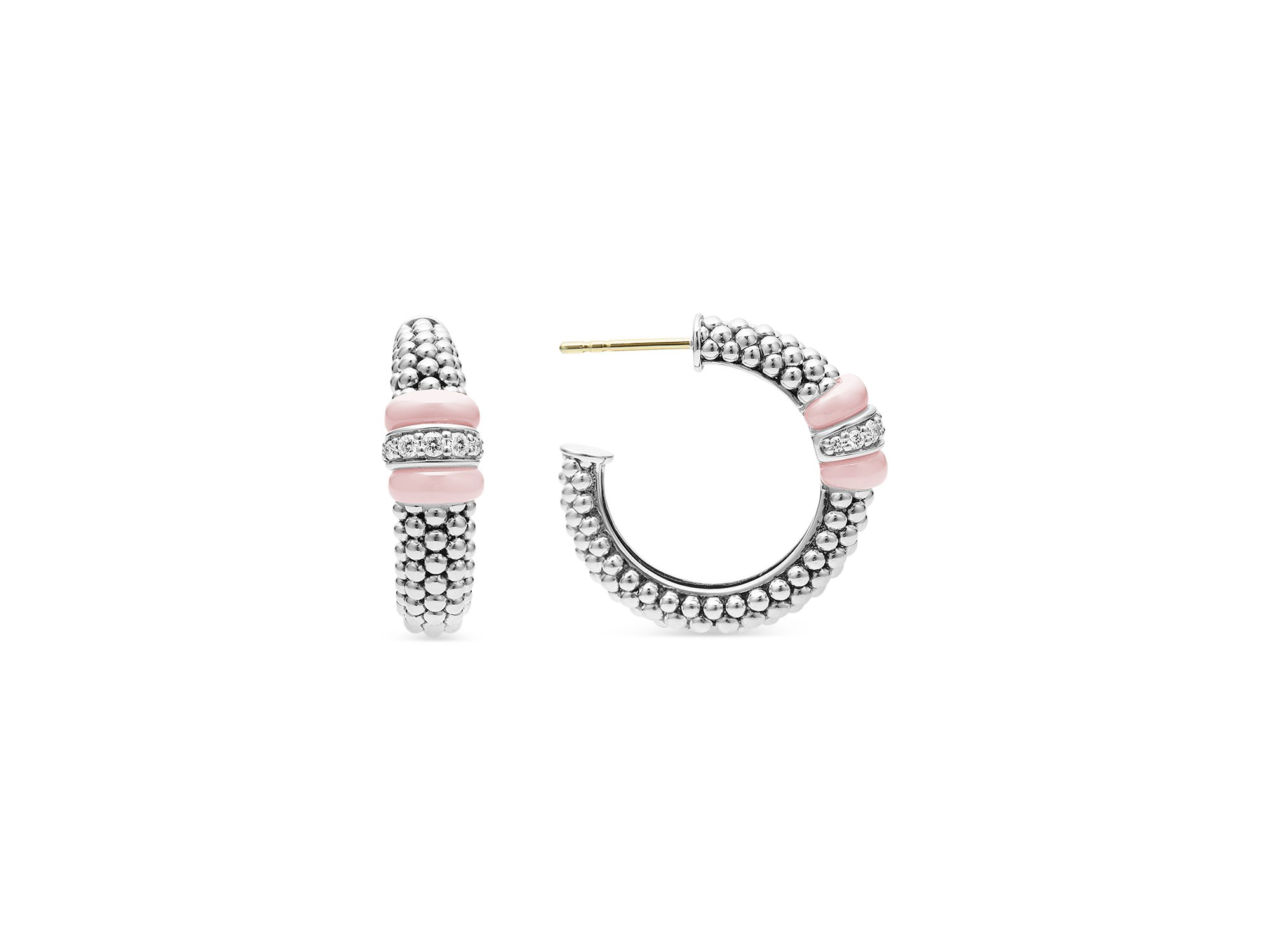 Sterling Silver Pink Caviar Diamond & Pink Ceramic Bead Hoop Earrings — Image 3