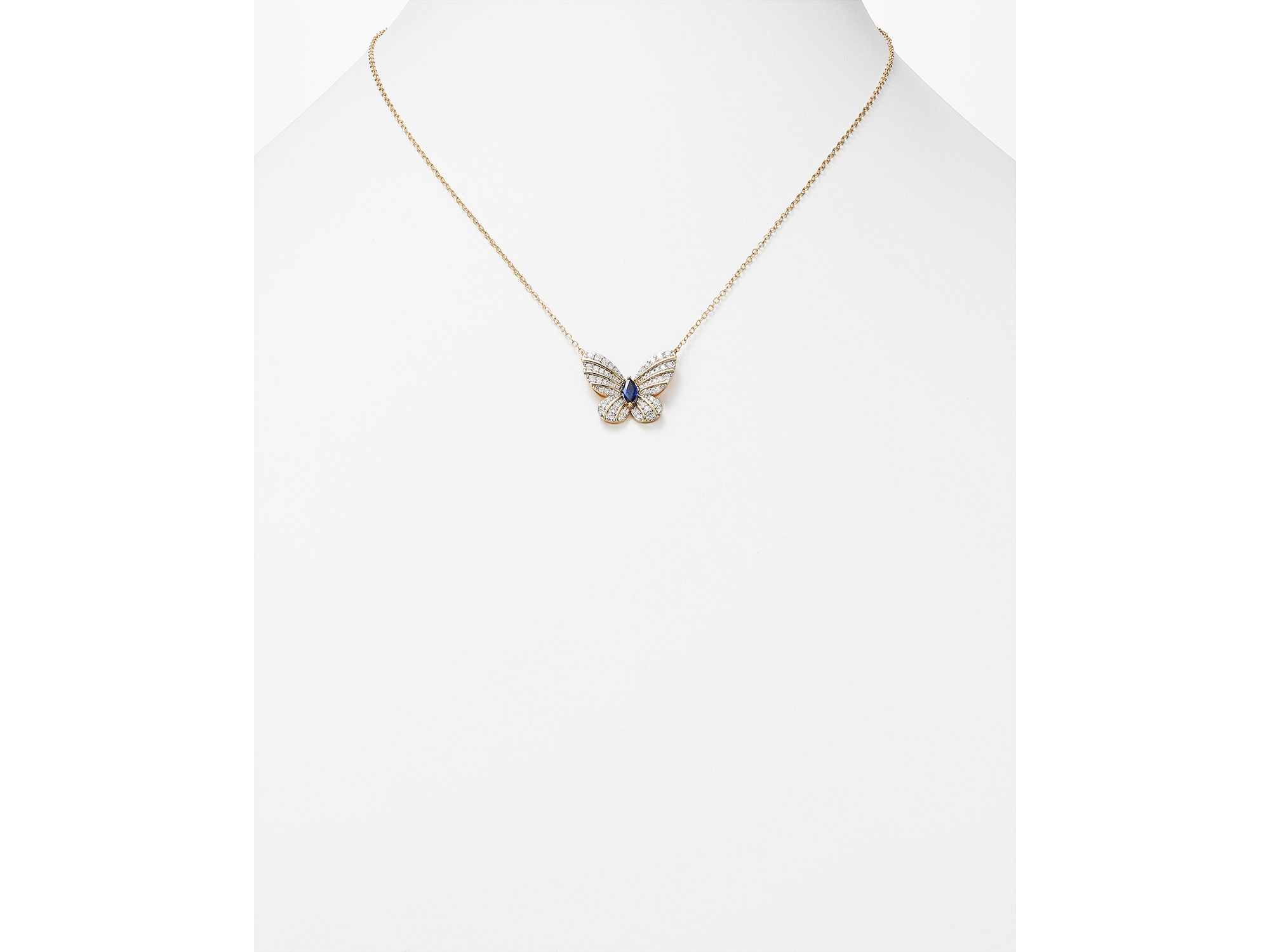 Diamond and Blue Sapphire Butterfly Pendant Necklace in 14K Yellow Gold, 17" — Image 4