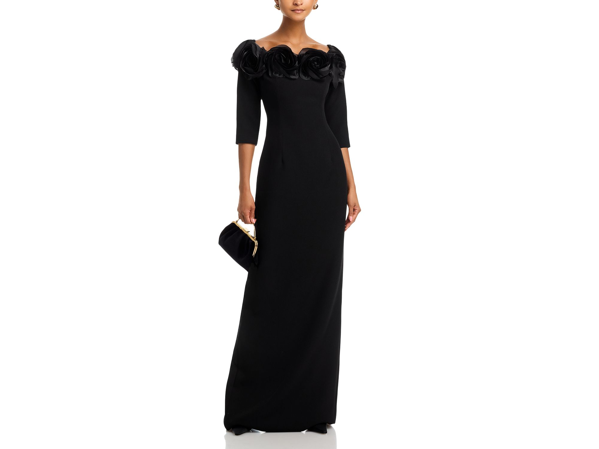 Crepe 3D Flower Off the Shoulder Three Quarter Length Sleeved Gown — Image 3