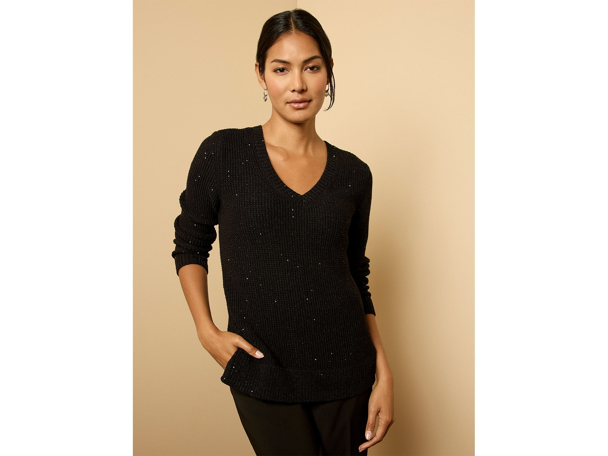 Shimmer Waffle V Neck Sweater — Image 5