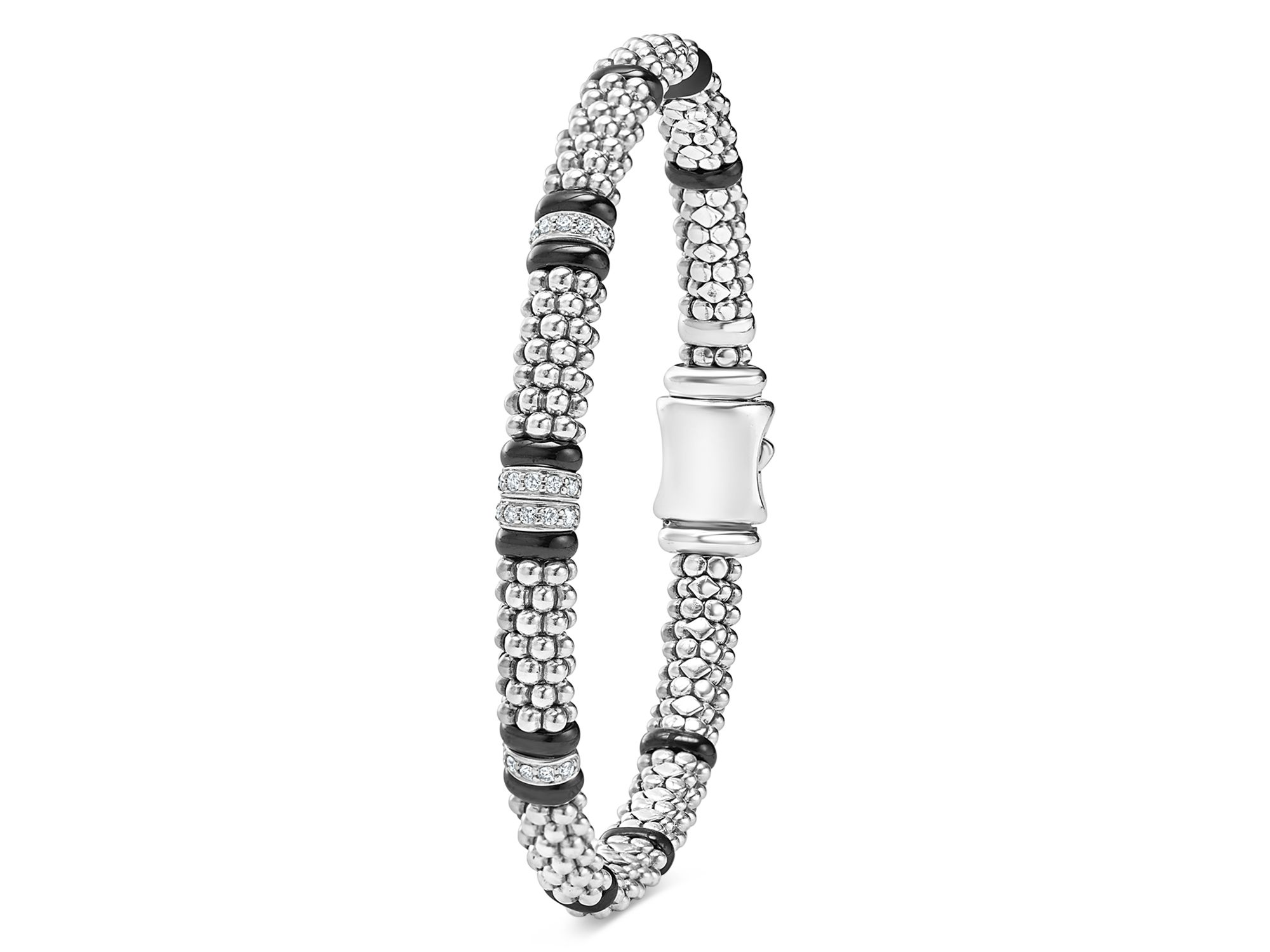 Four Station Diamond Black Caviar Bracelet in Sterling Silver — Image 3