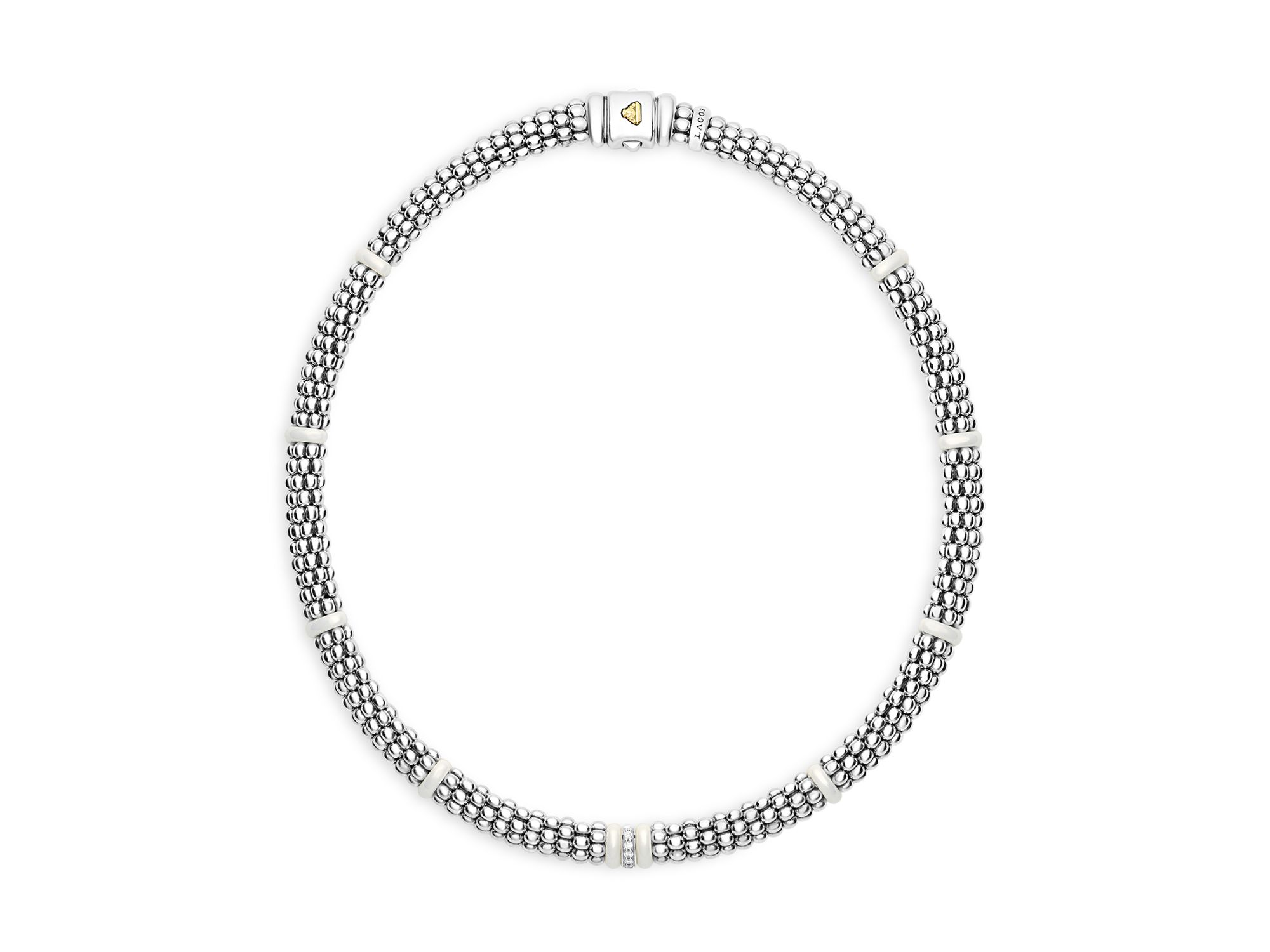 Ceramic & Sterling Silver White Caviar Diamond Station Necklace, 18" — Image 3