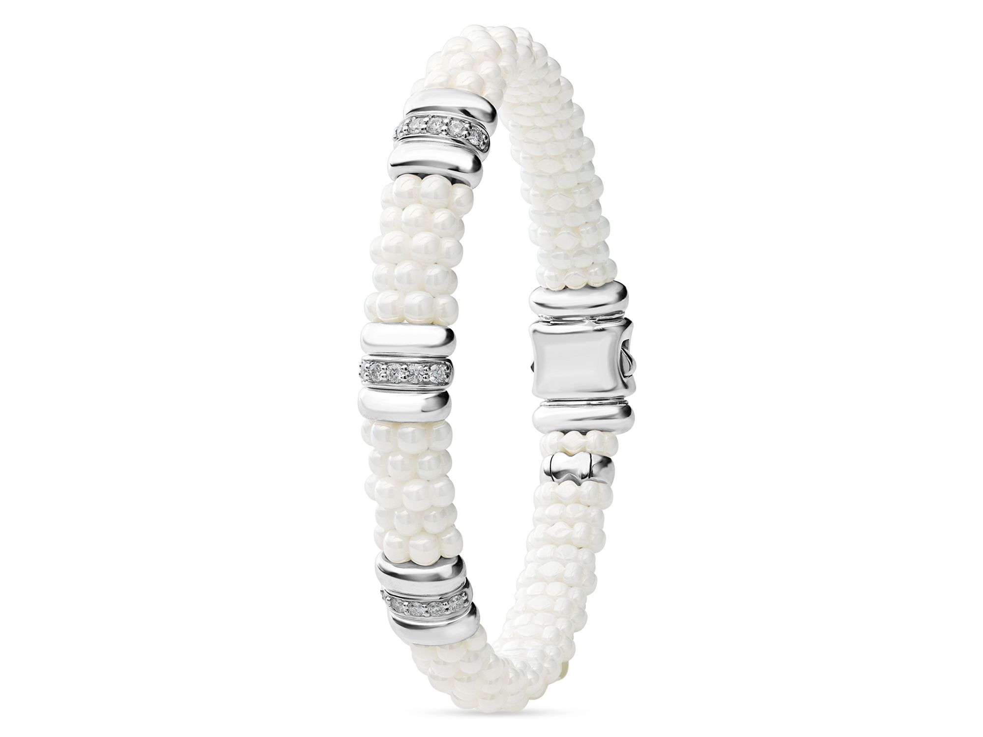 Sterling Silver White Caviar Ceramic & Diamond Beaded Bracelet — Image 3