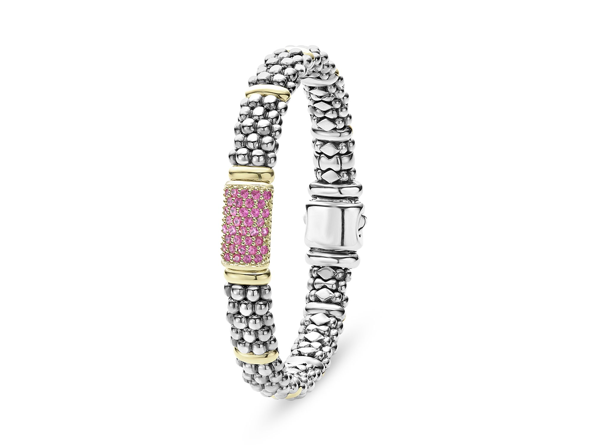 18K Yellow Gold & Sterling Silver Signature Caviar Pink Sapphire Pavé Link Bracelet — Image 3