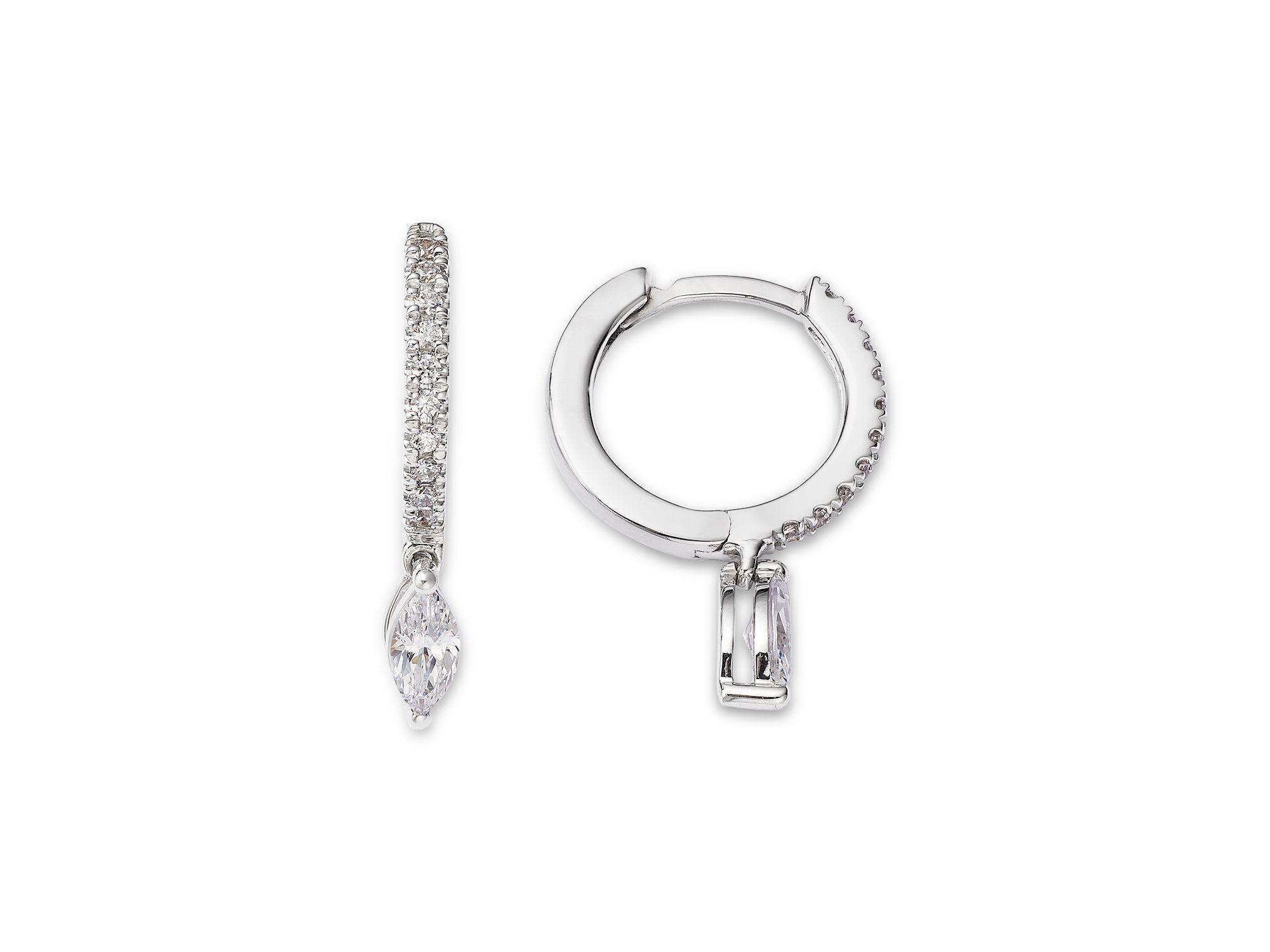 Diamond Marquis & Round Dangle Huggie Hoop Earrings in 14K White Gold, 0.37 tcw — Image 3