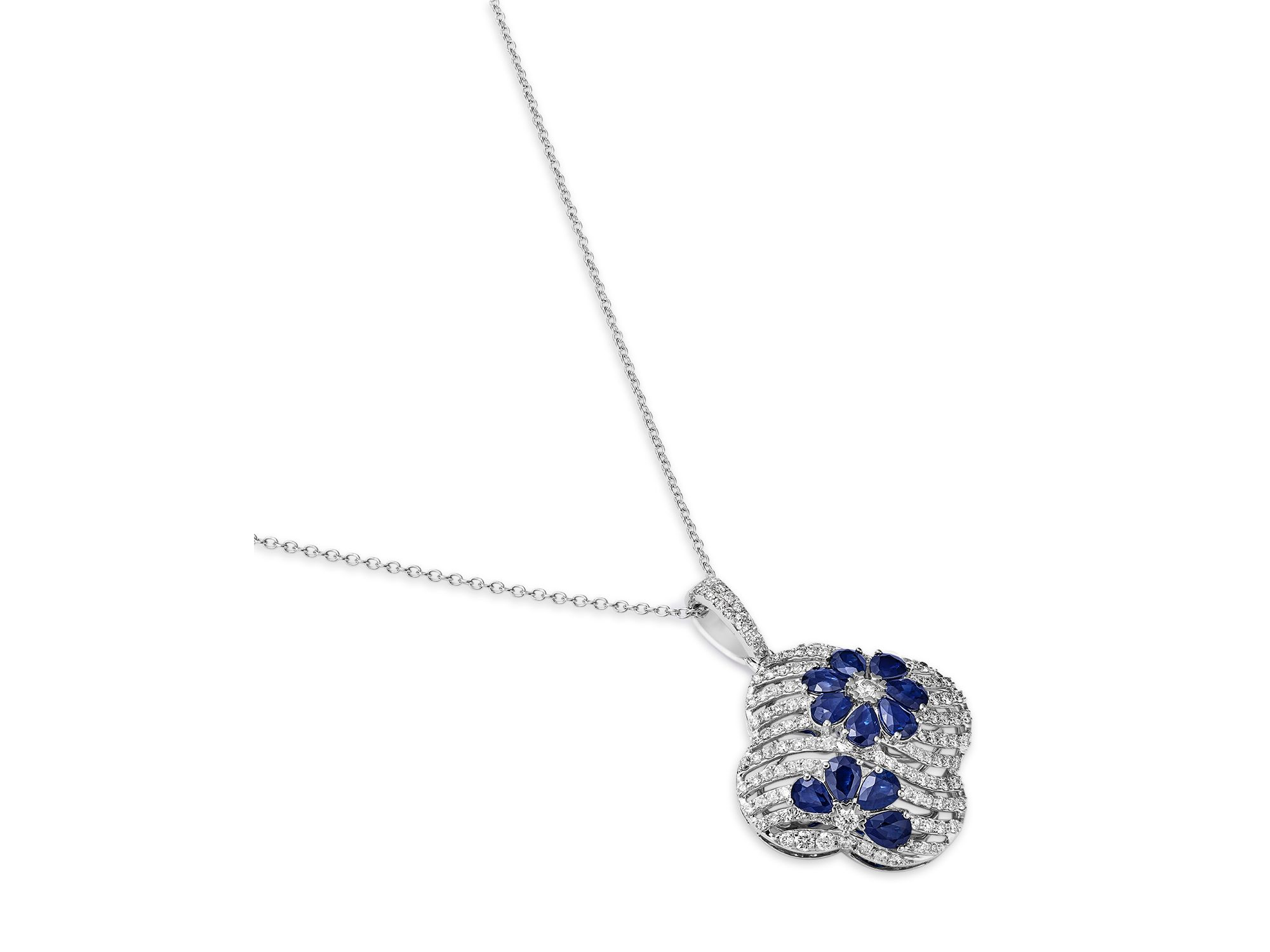 Sapphire & Diamond Clover Pendant Necklace in 14K White Gold, 16-18" — Image 3
