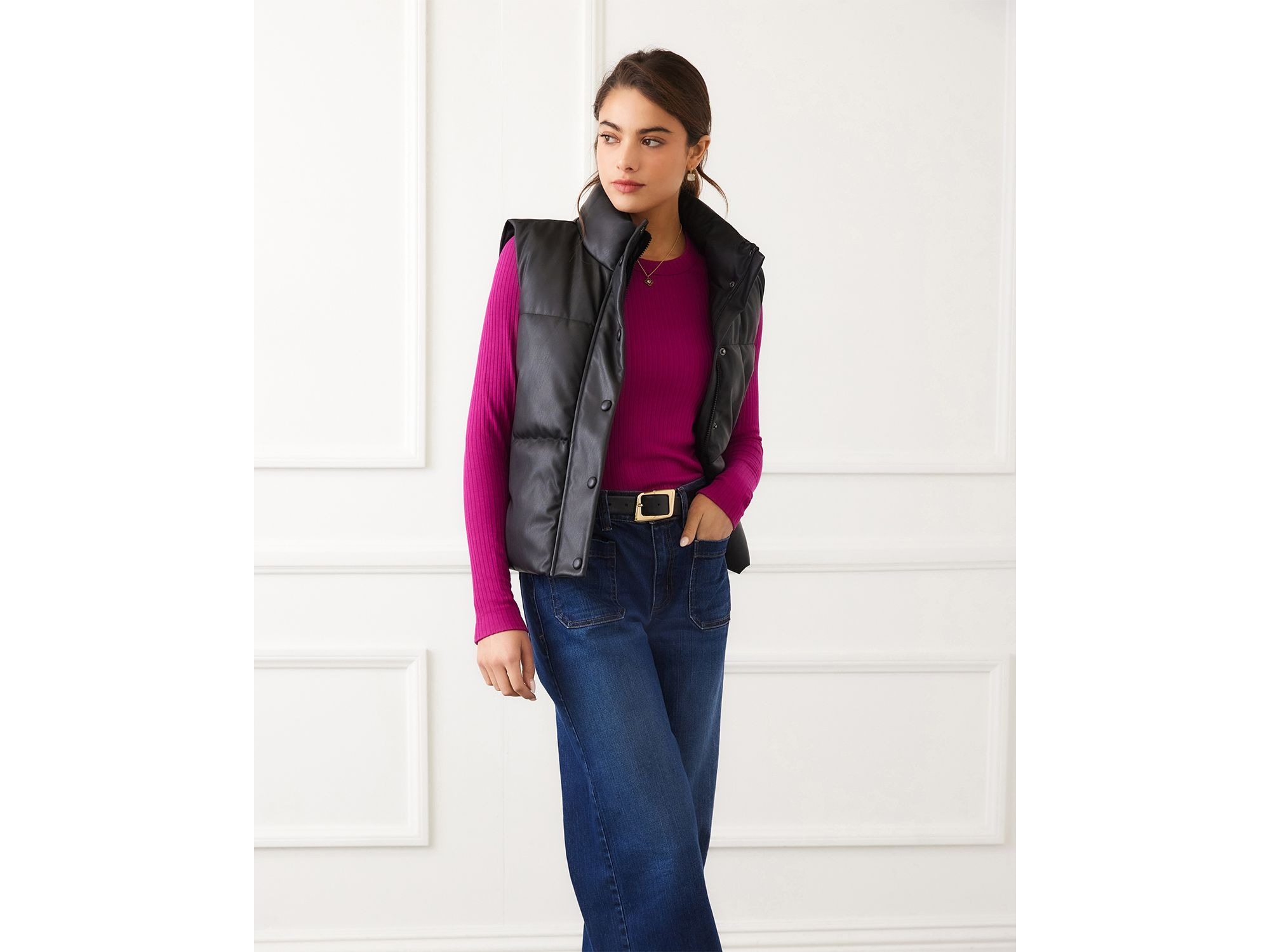 Faux Leather Quilted Puffer Vest — Image 5